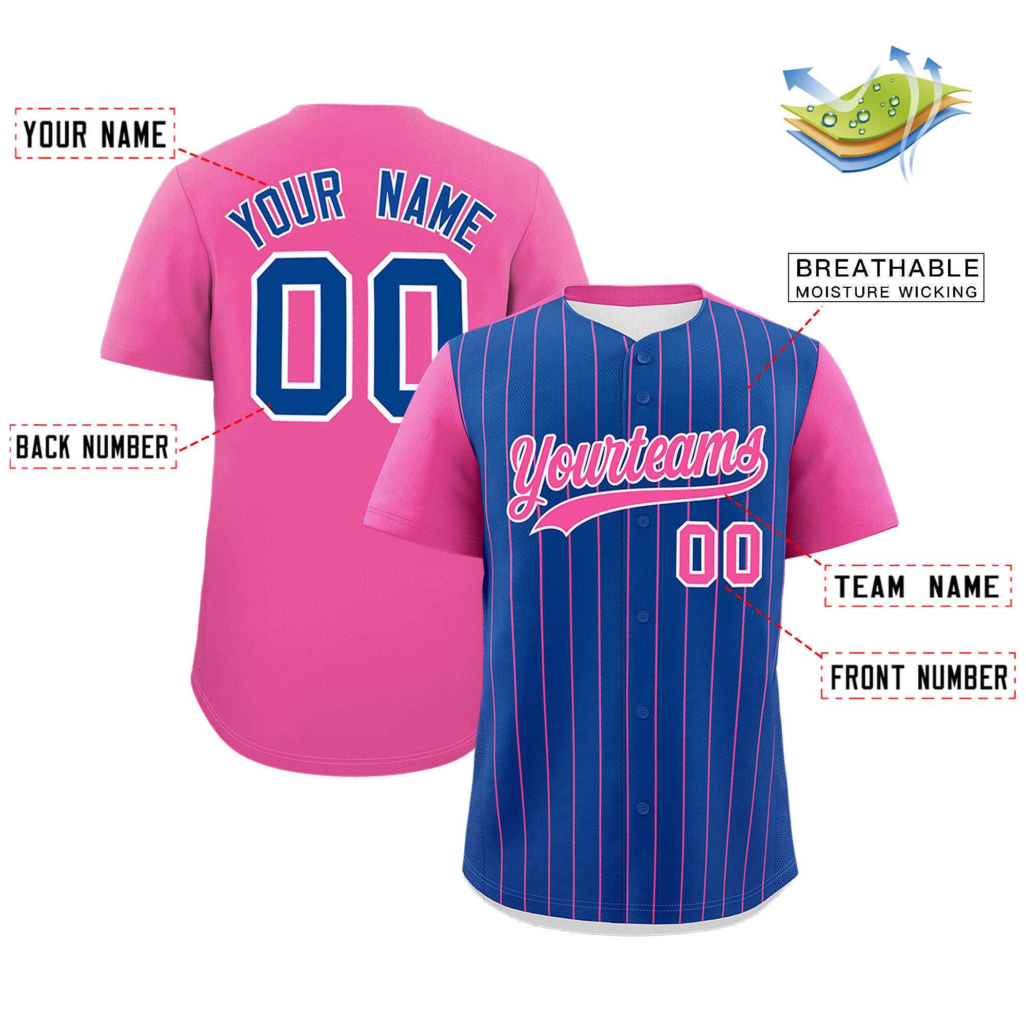 Custom Royal Pink Pinstripe Personalized Two-Tone Authentic Baseball Jersey