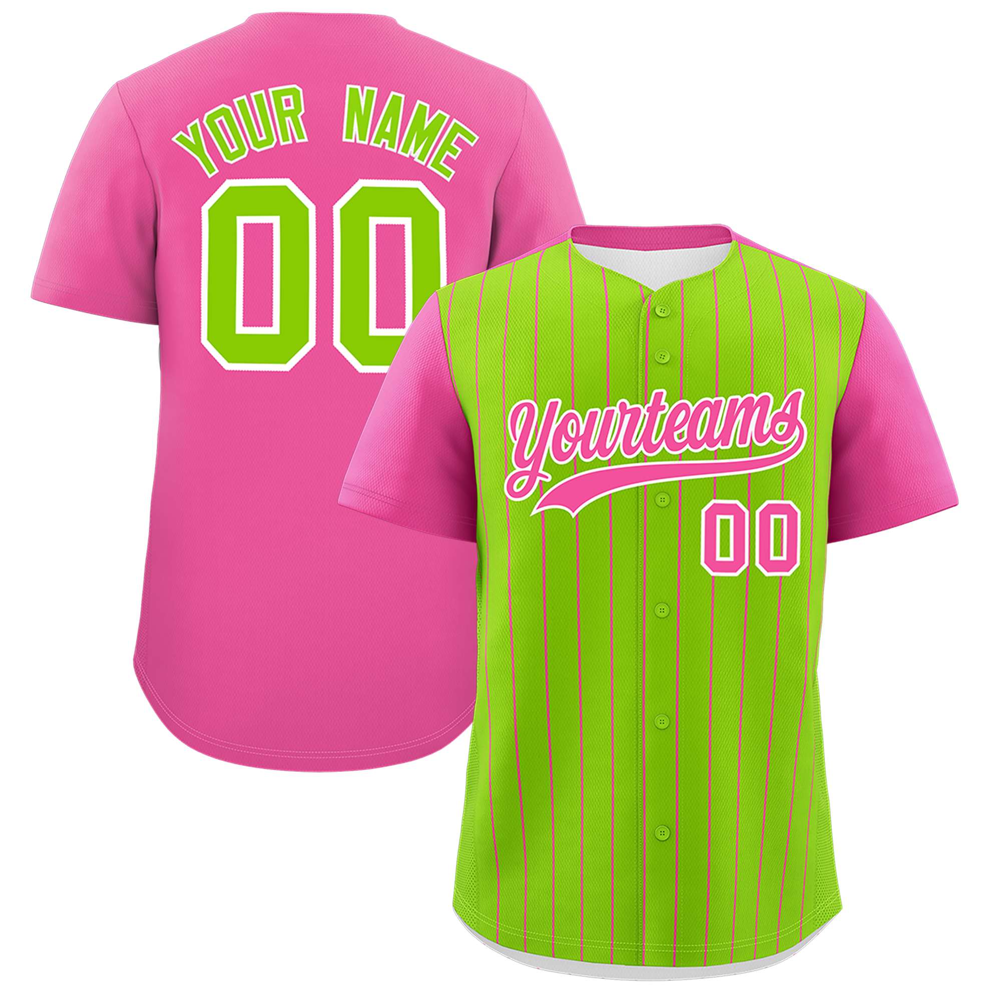 Custom Neon Green Pink Pinstripe Personalized Two-Tone Authentic Baseball Jersey