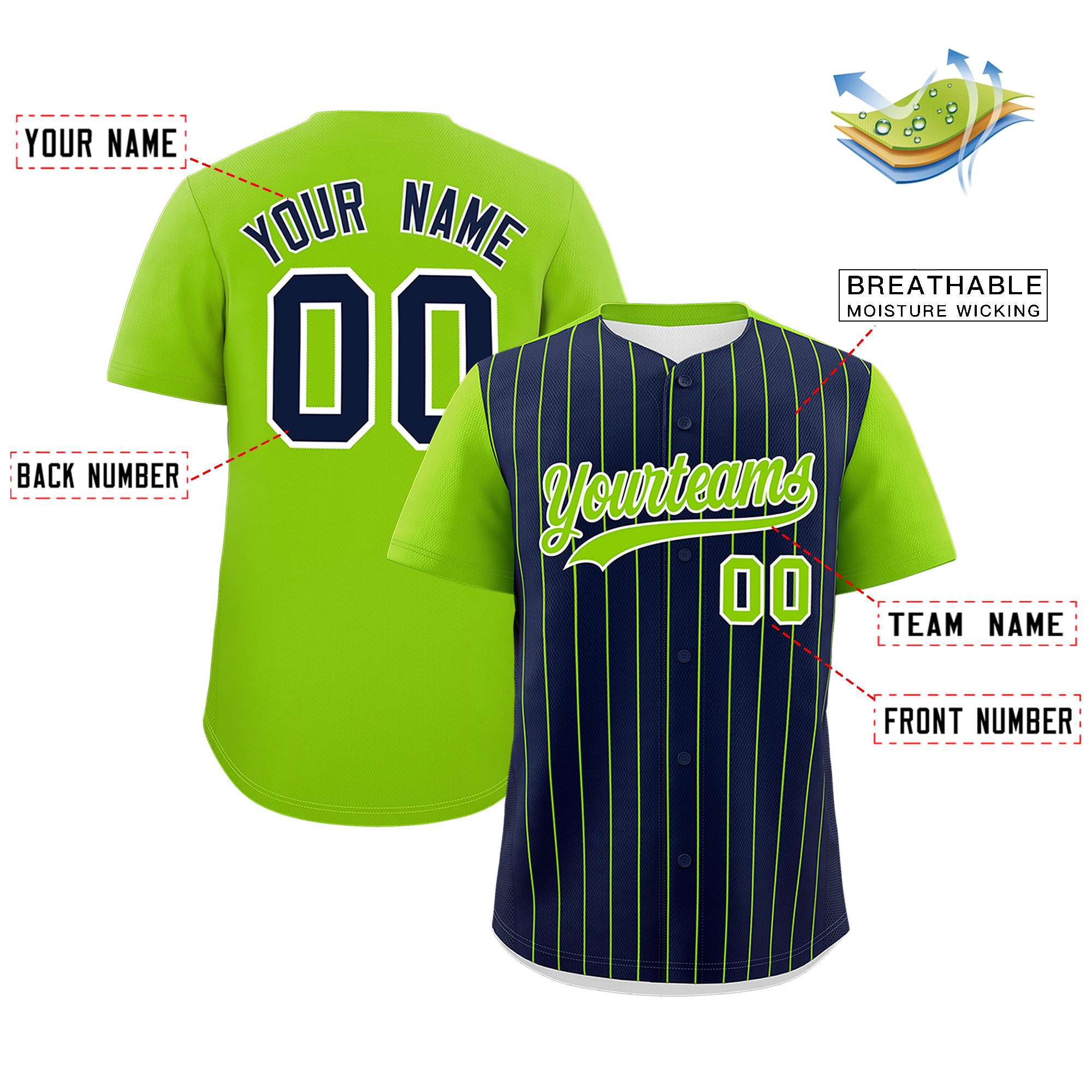 Custom Navy Neon Green Pinstripe Personalized Two-Tone Authentic Baseball Jersey