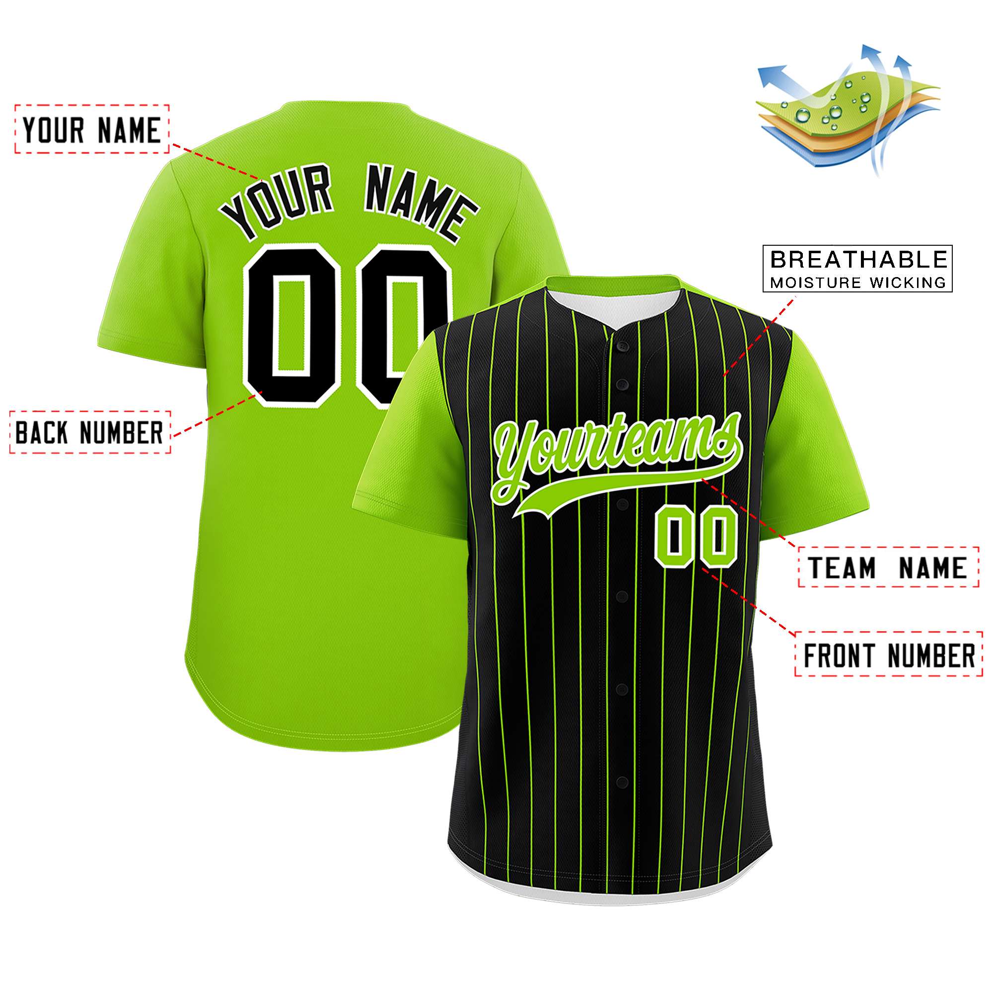 Custom Black Neon Green Pinstripe Personalized Two-Tone Authentic Baseball Jersey