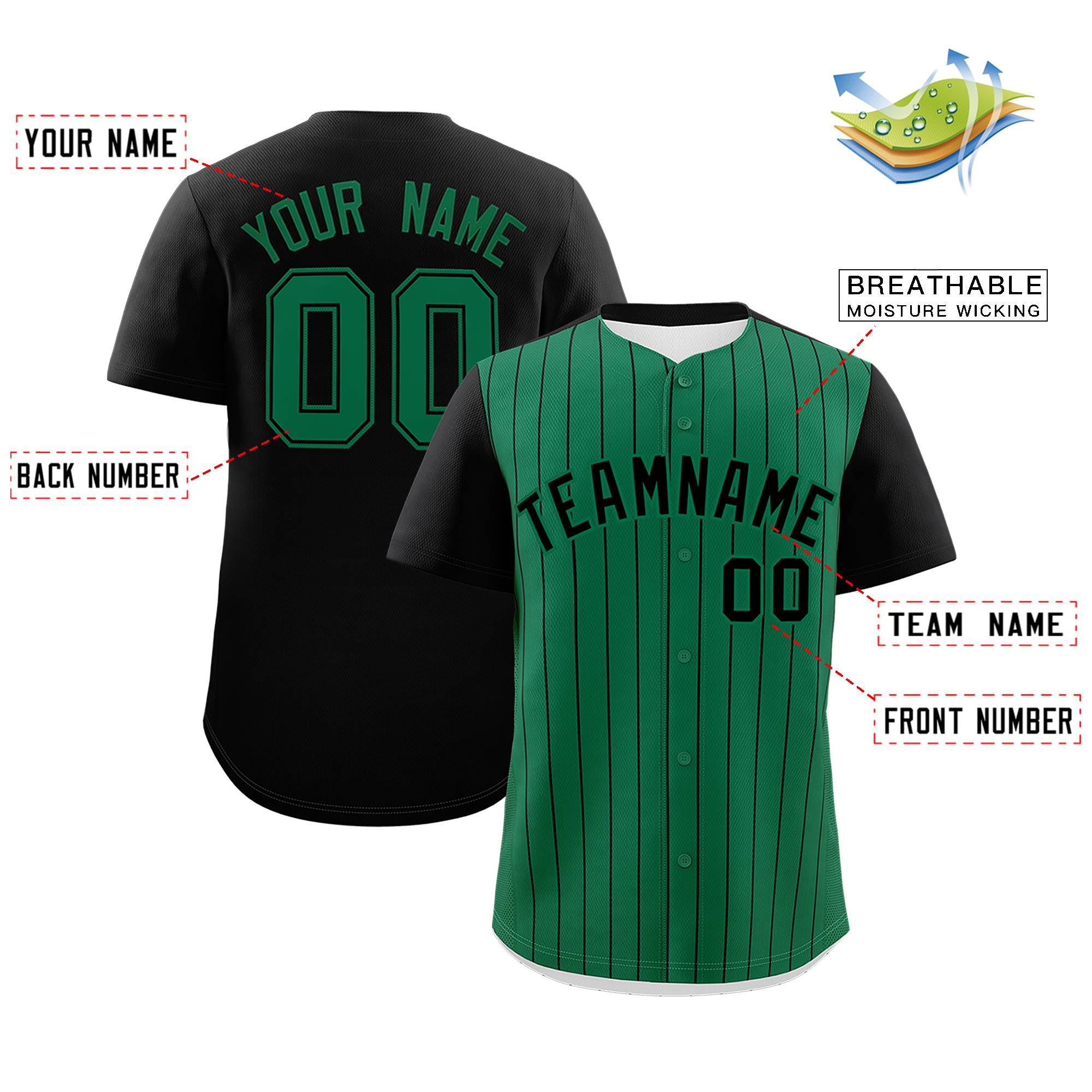 Custom Kelly Green Black Pinstripe Personalized Two-Tone Authentic Baseball Jersey