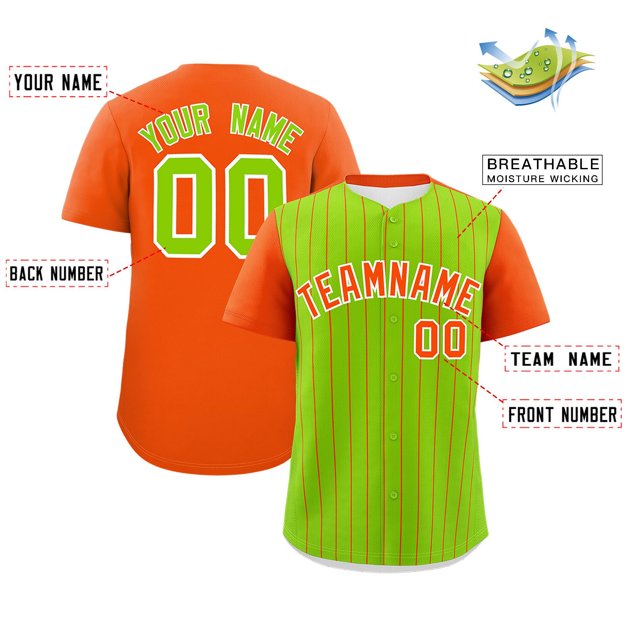 Custom Neon Green Orange Pinstripe Personalized Two-Tone Authentic Baseball Jersey