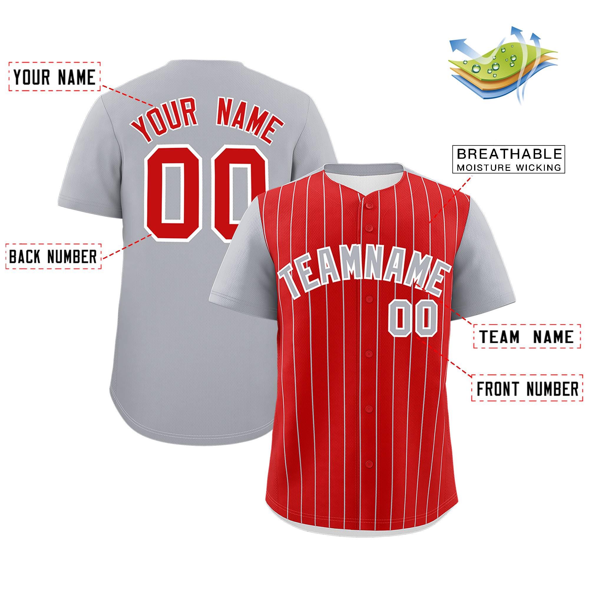 Custom Red Gray Pinstripe Personalized Two-Tone Authentic Baseball Jersey