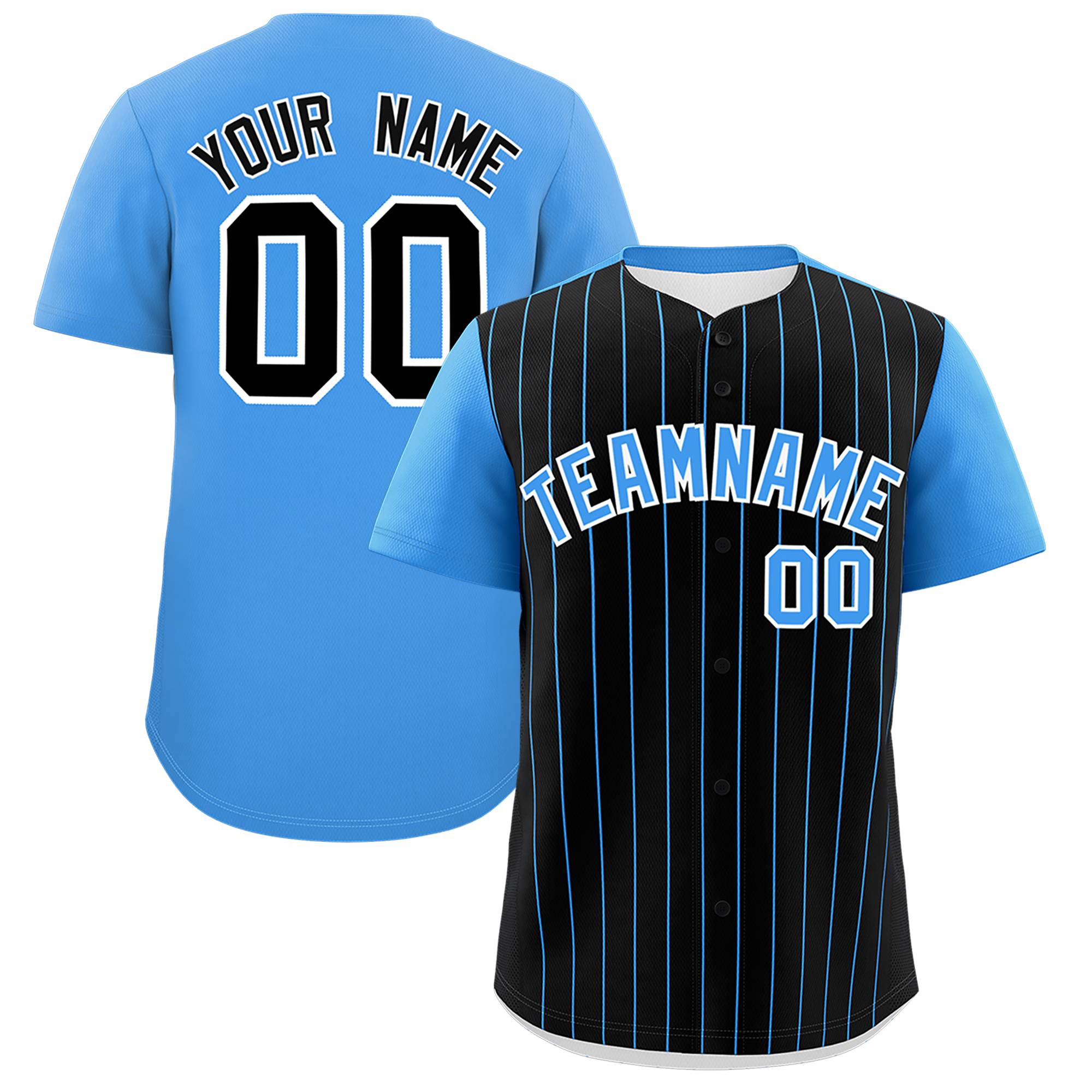 Custom Black Powder Blue Pinstripe Personalized Two-Tone Authentic Baseball Jersey