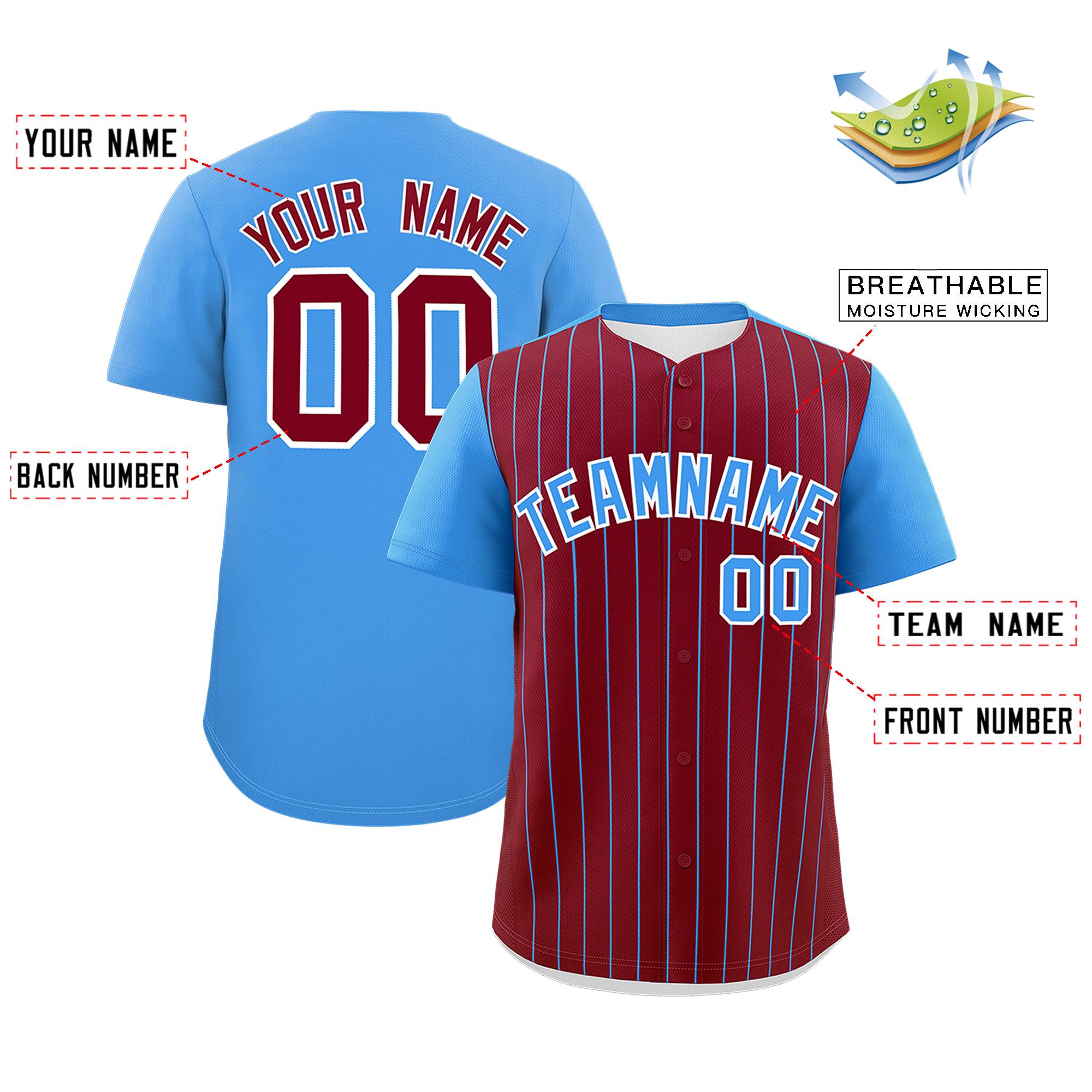 Custom Crimson Powder Blue Pinstripe Personalized Two-Tone Authentic Baseball Jersey