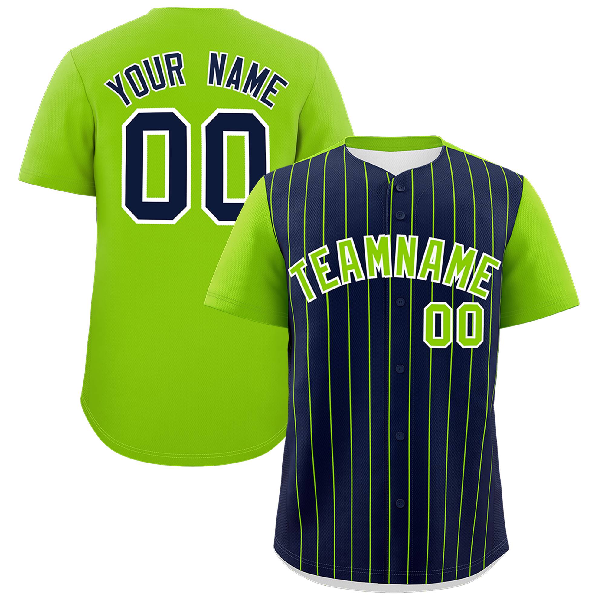 Custom Navy Neon Green Pinstripe Personalized Two-Tone Authentic Baseball Jersey