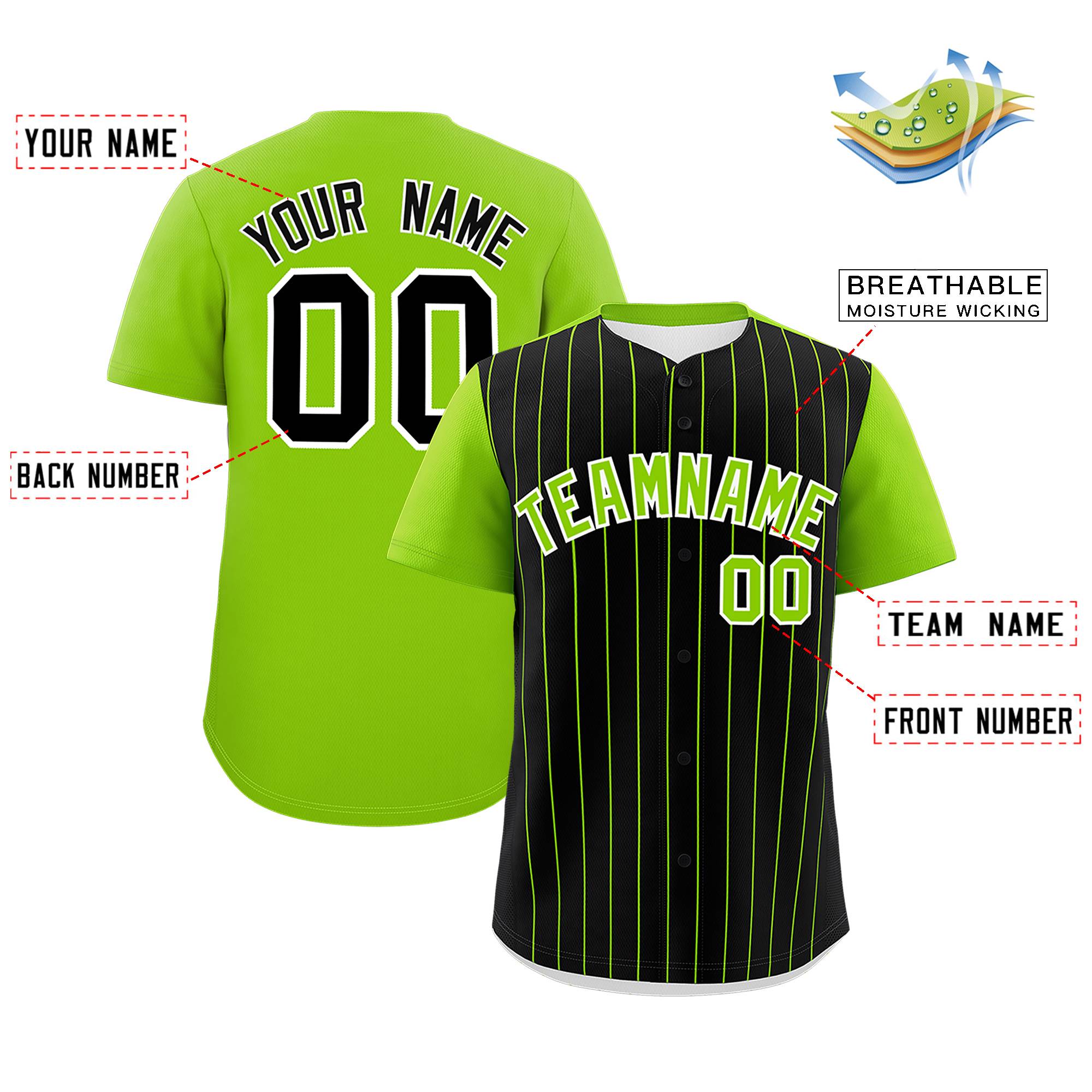 Custom Black Neon Green Pinstripe Personalized Two-Tone Authentic Baseball Jersey