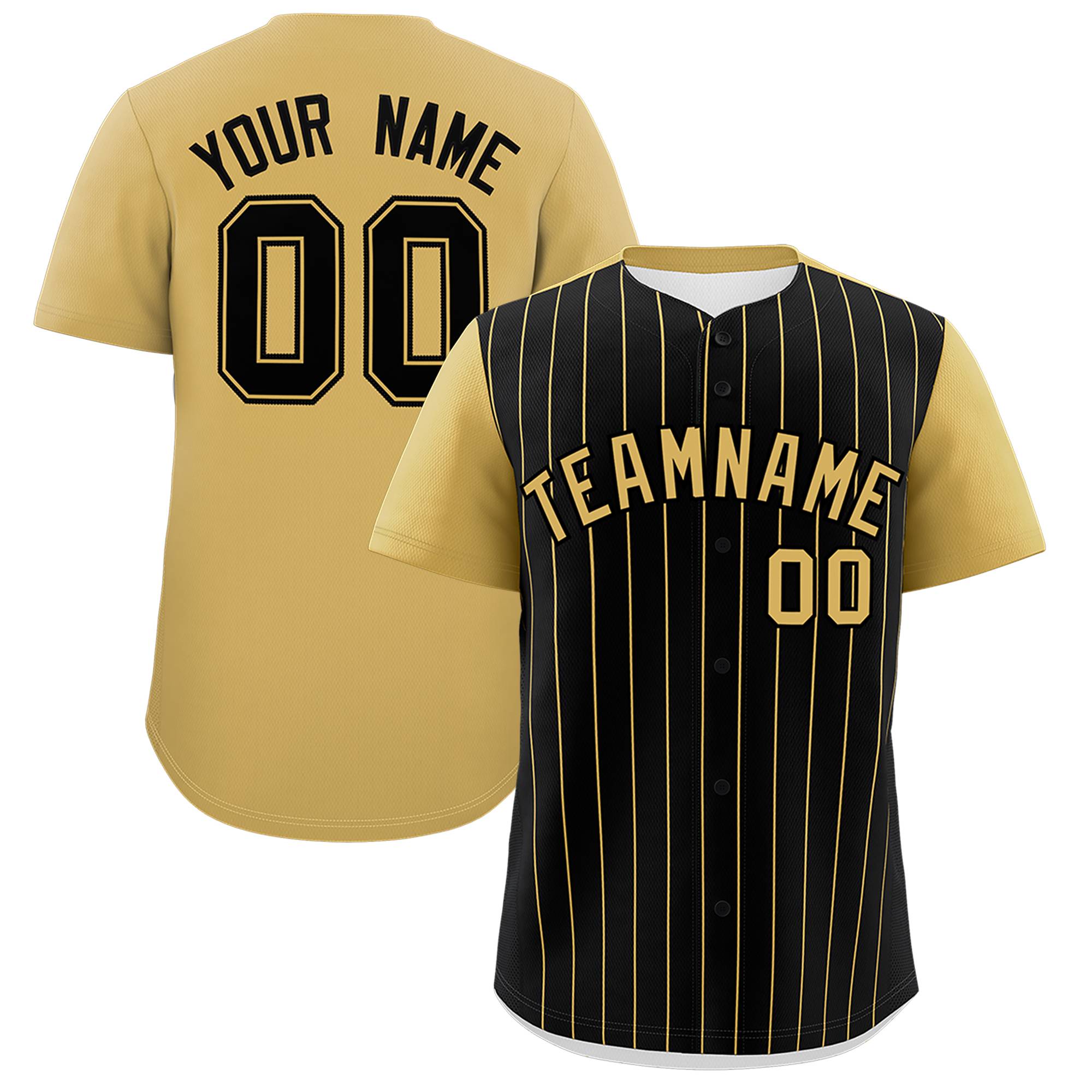 Custom Black Old Gold Pinstripe Personalized Two-Tone Authentic Baseball Jersey