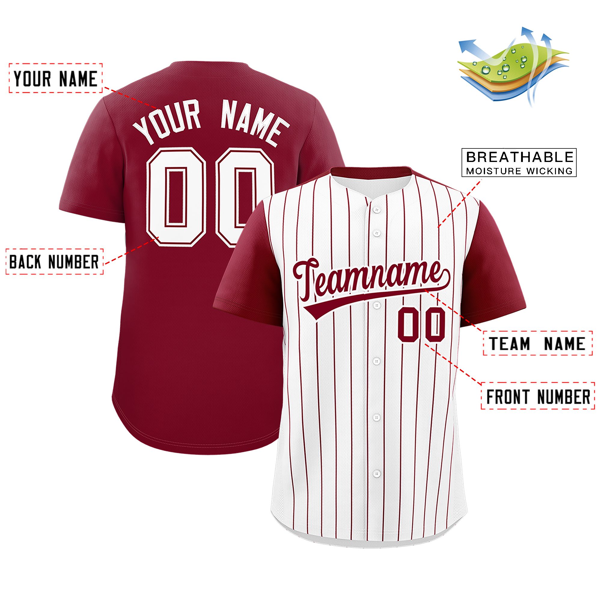 Custom White Crimson Pinstripe Personalized Two-Tone Authentic Baseball Jersey