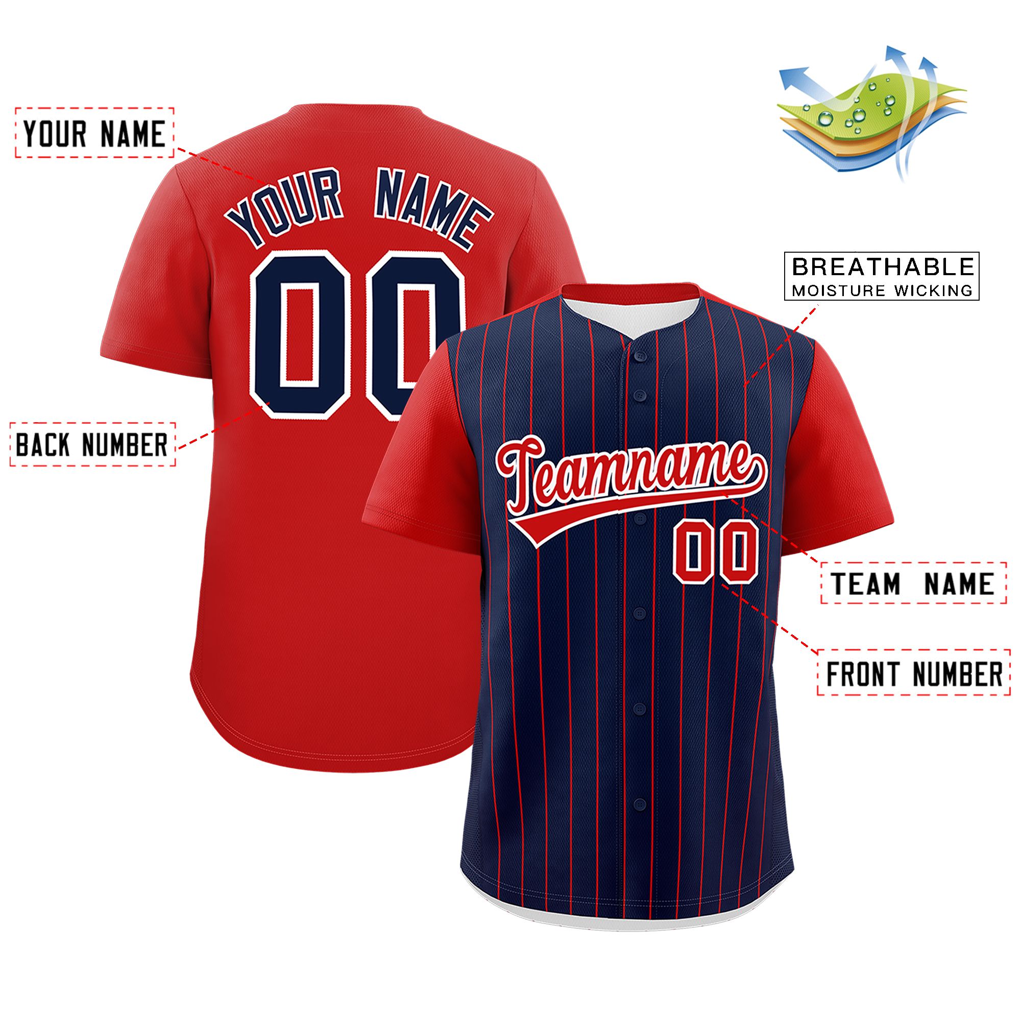 Custom Navy Red Pinstripe Personalized Two-Tone Authentic Baseball Jersey