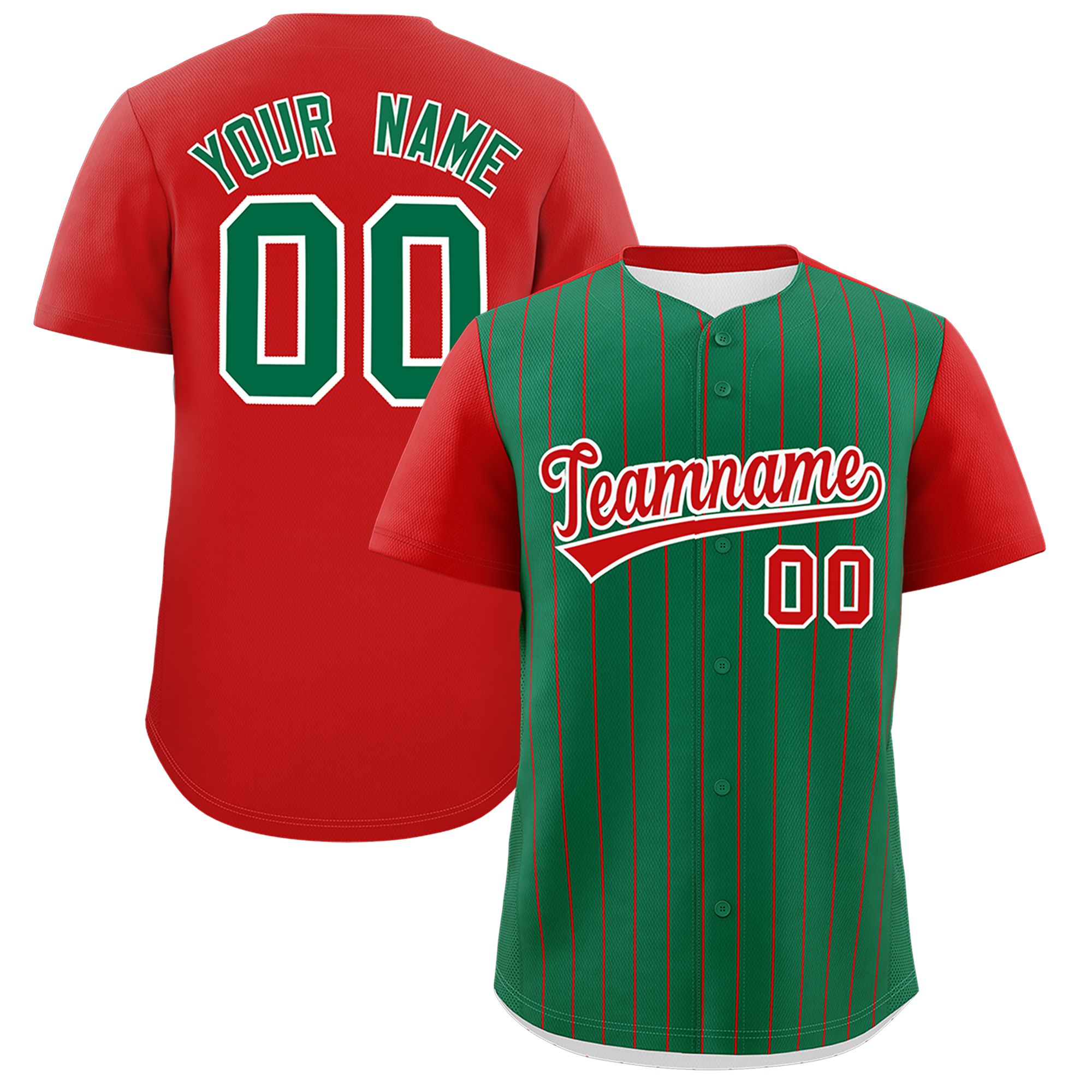 Custom Kelly Green Red Pinstripe Personalized Two-Tone Authentic Baseball Jersey