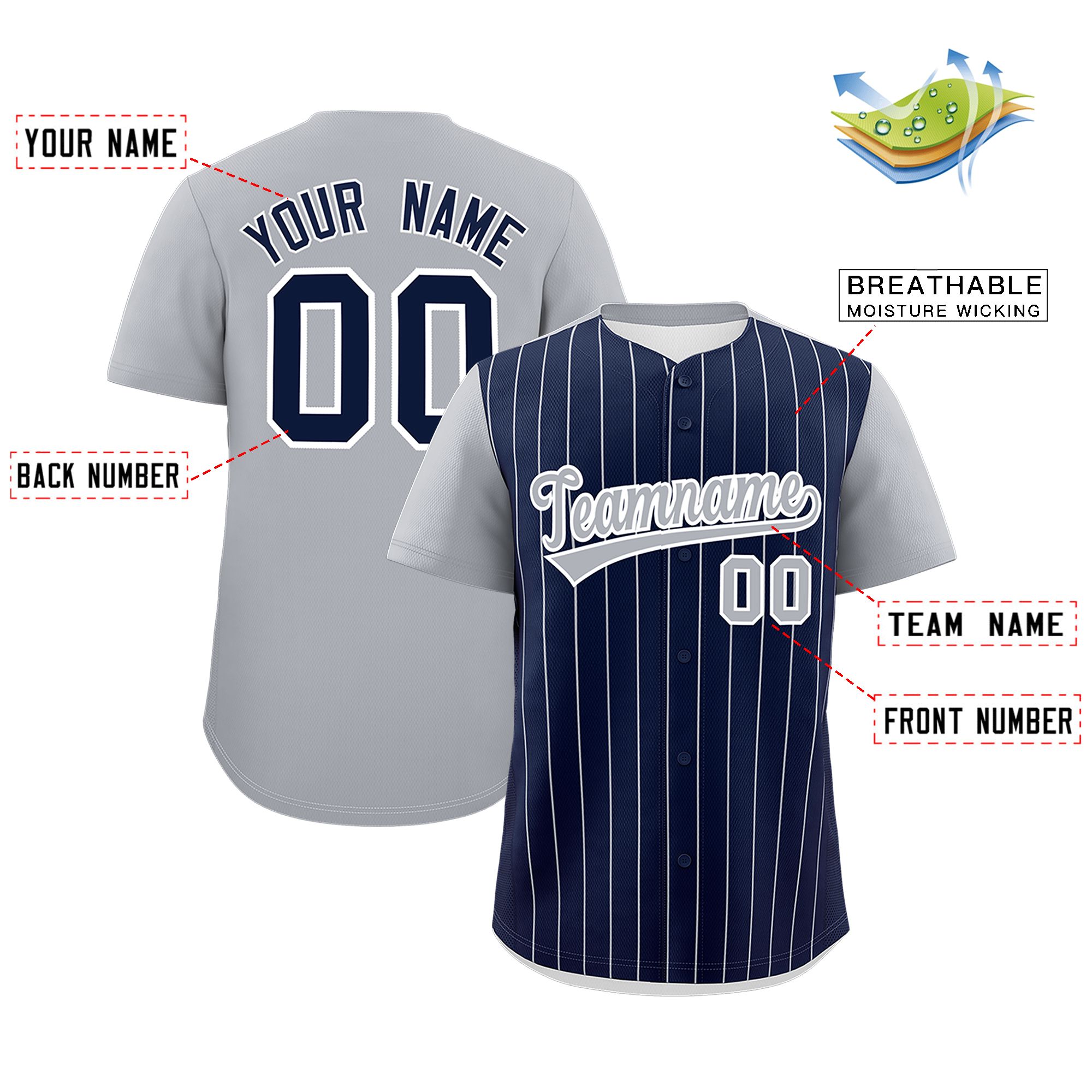 Custom Navy Gray Pinstripe Personalized Two-Tone Authentic Baseball Jersey