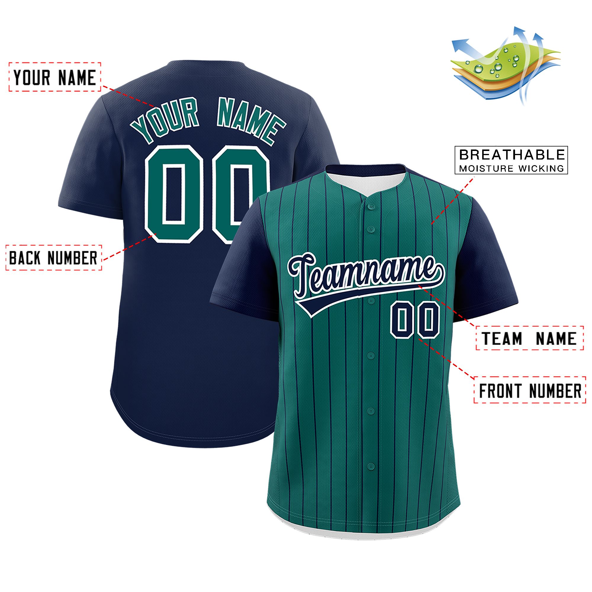 Custom Aqua Navy Pinstripe Personalized Two-Tone Authentic Baseball Jersey