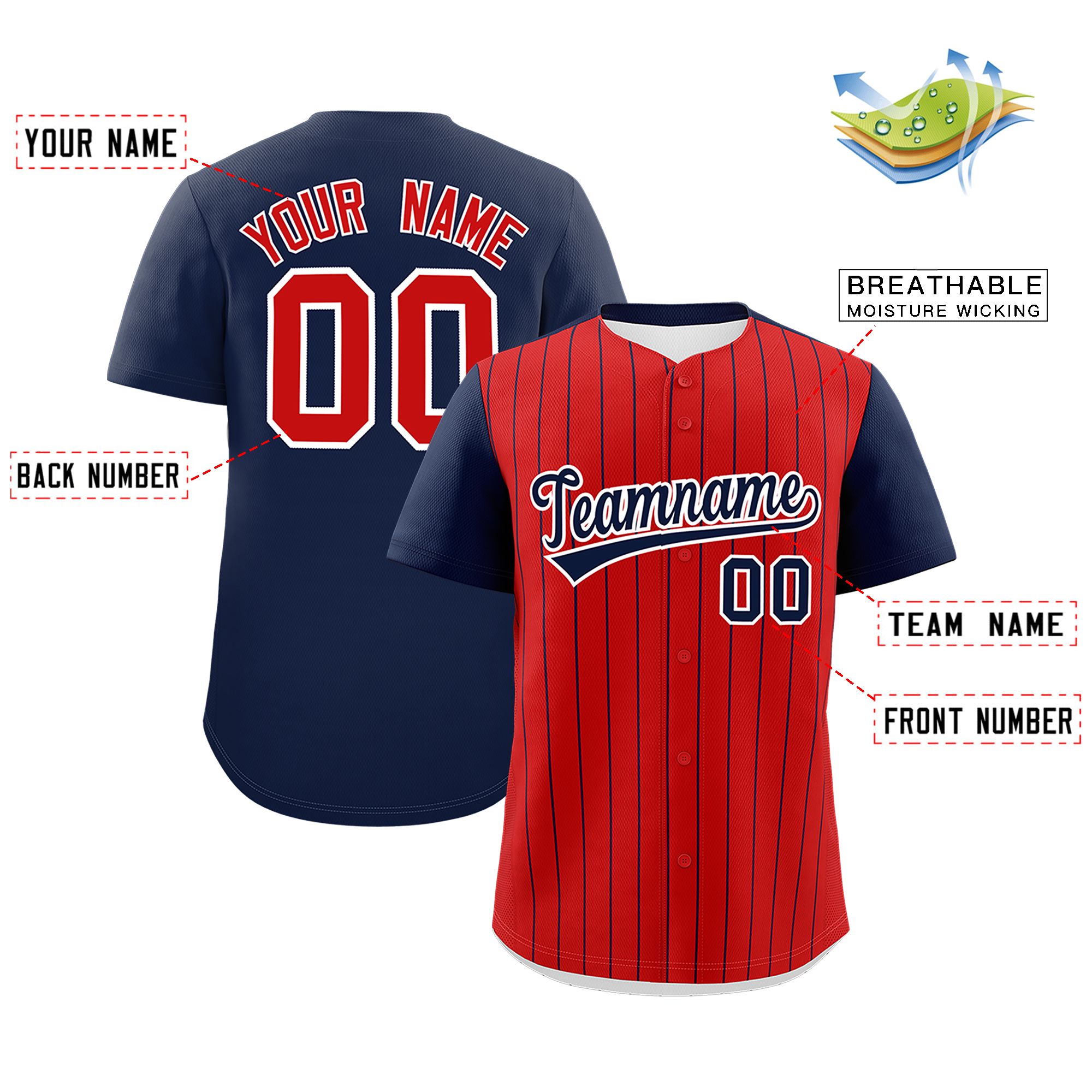 Custom Red Navy Pinstripe Personalized Two-Tone Authentic Baseball Jersey