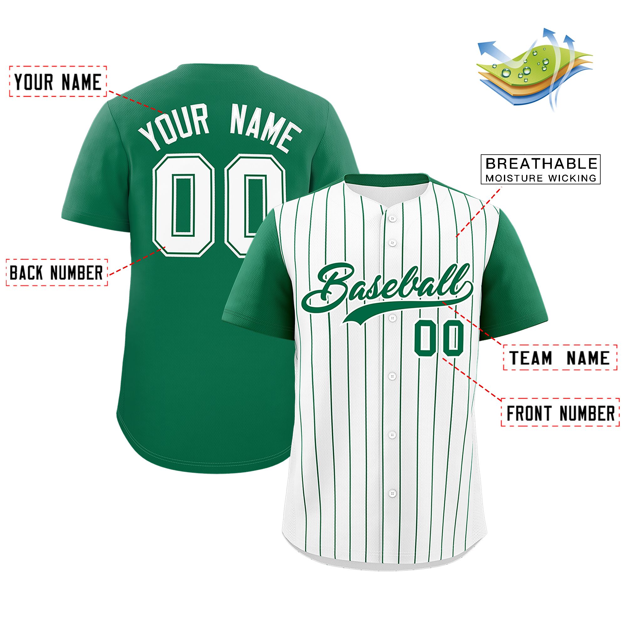 Custom White Kelly Green Pinstripe Personalized Two-Tone Authentic Baseball Jersey