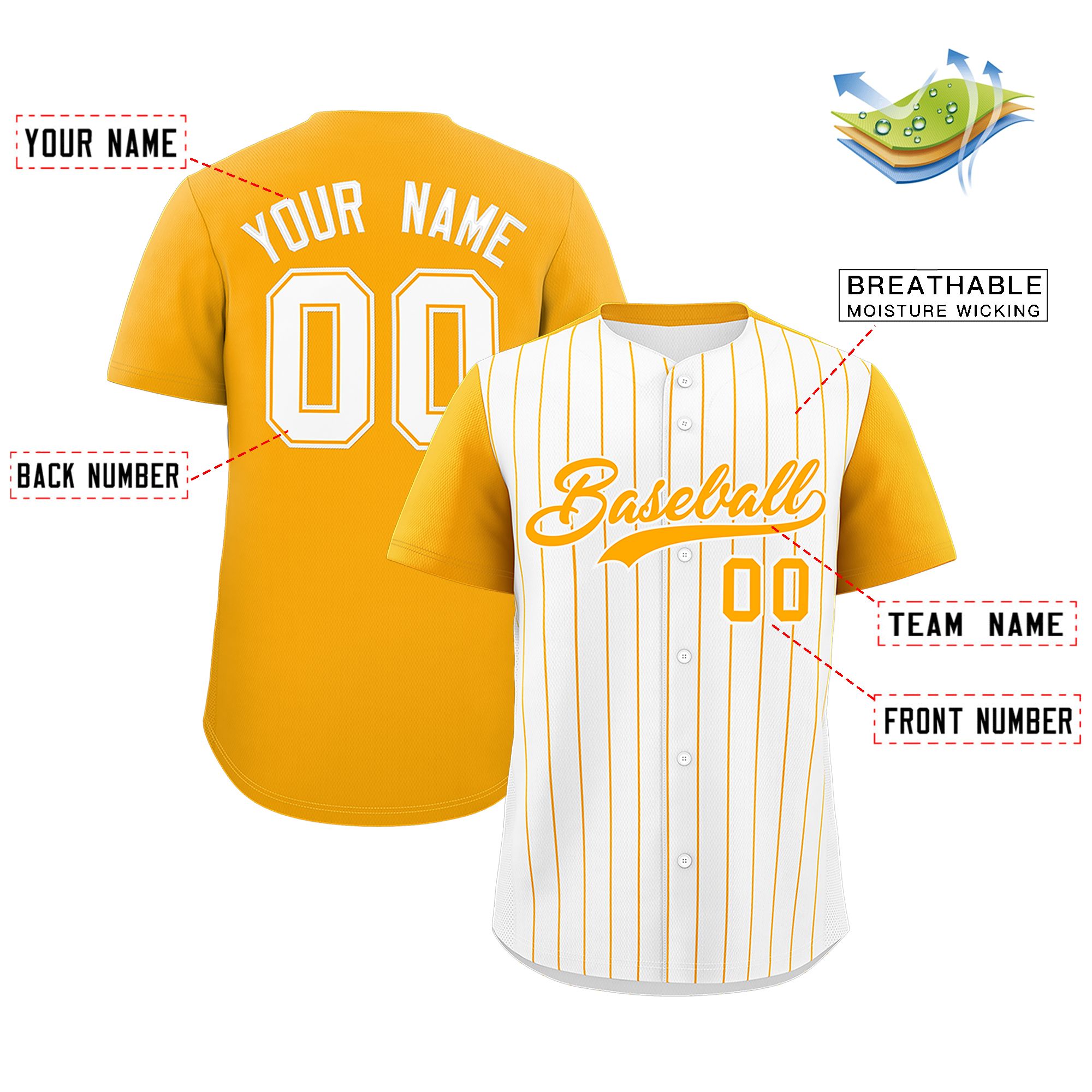 Custom White Yellow Pinstripe Personalized Two-Tone Authentic Baseball Jersey