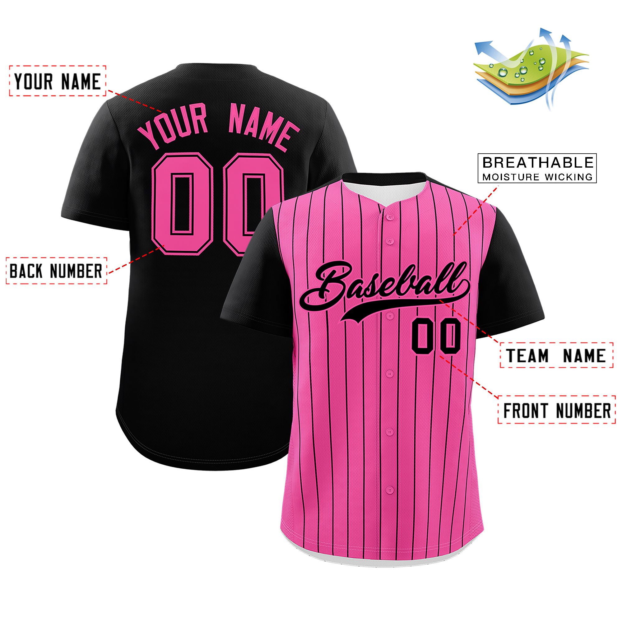 Custom Pink Black Pinstripe Personalized Two-Tone Authentic Baseball Jersey