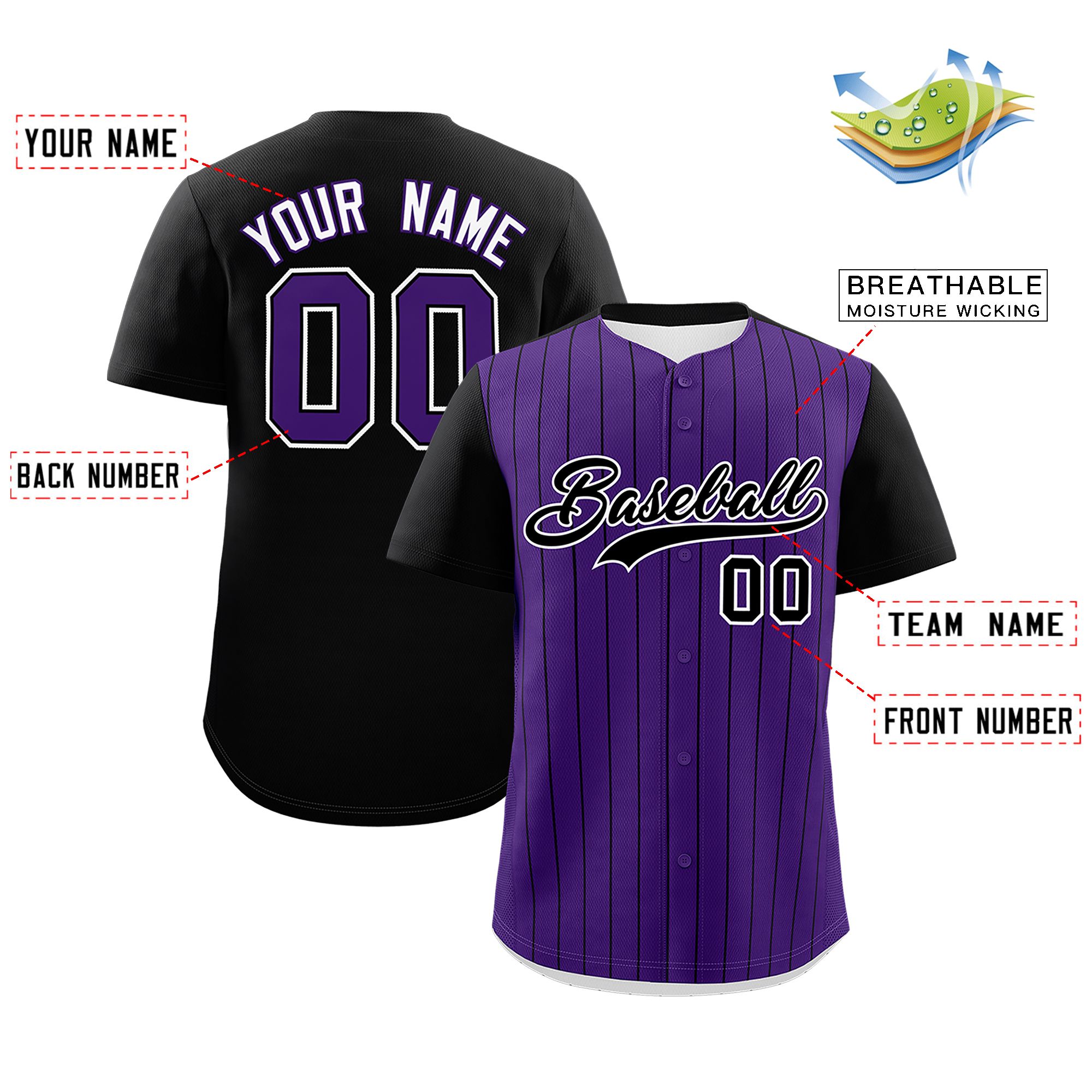 Custom Purple Black Pinstripe Personalized Two-Tone Authentic Baseball Jersey