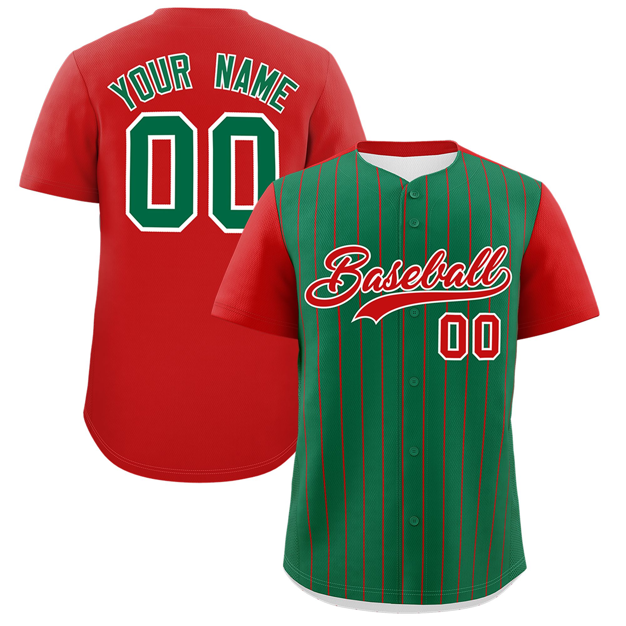 Custom Kelly Green Red Pinstripe Personalized Two-Tone Authentic Baseball Jersey