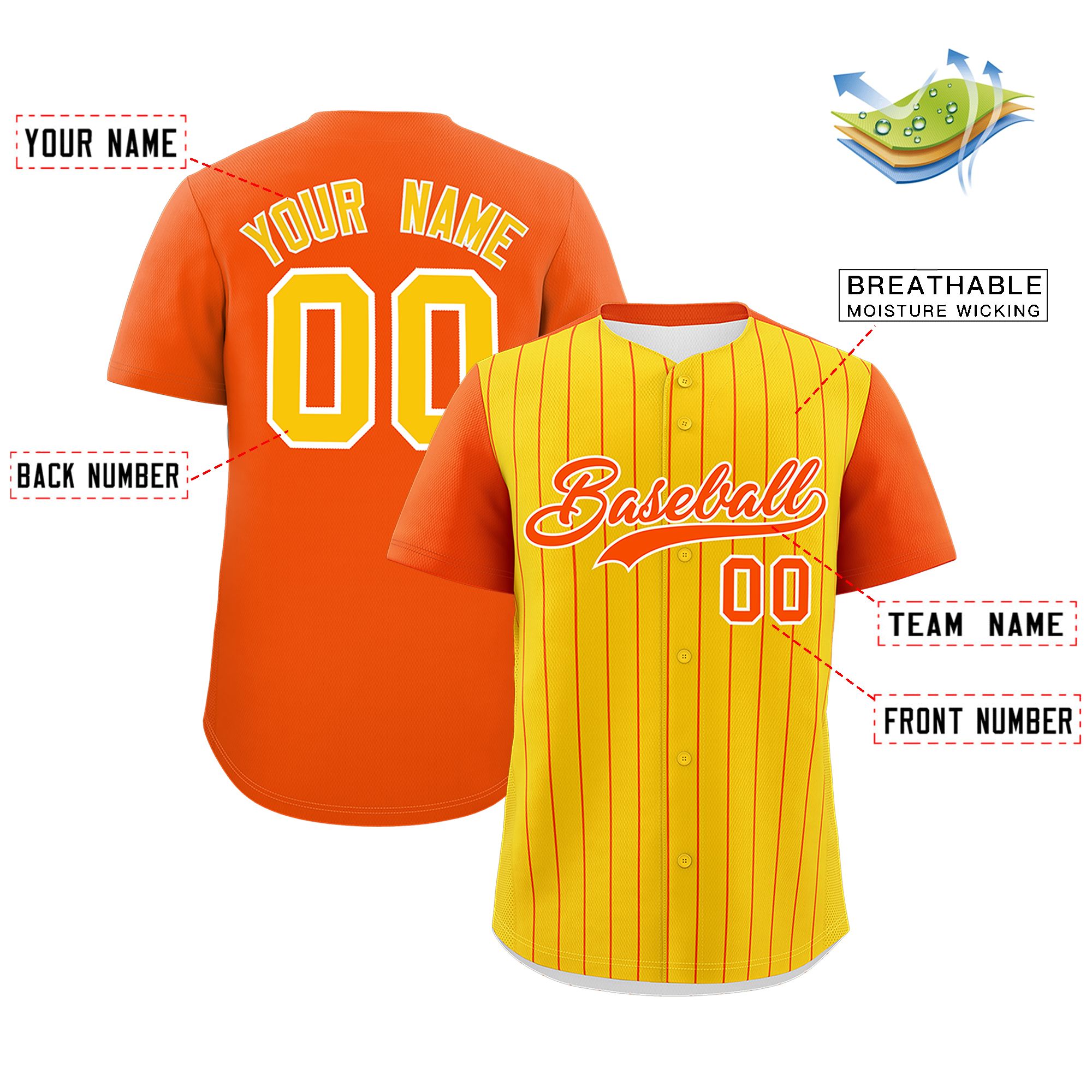 Custom Gold Orange Pinstripe Personalized Two-Tone Authentic Baseball Jersey