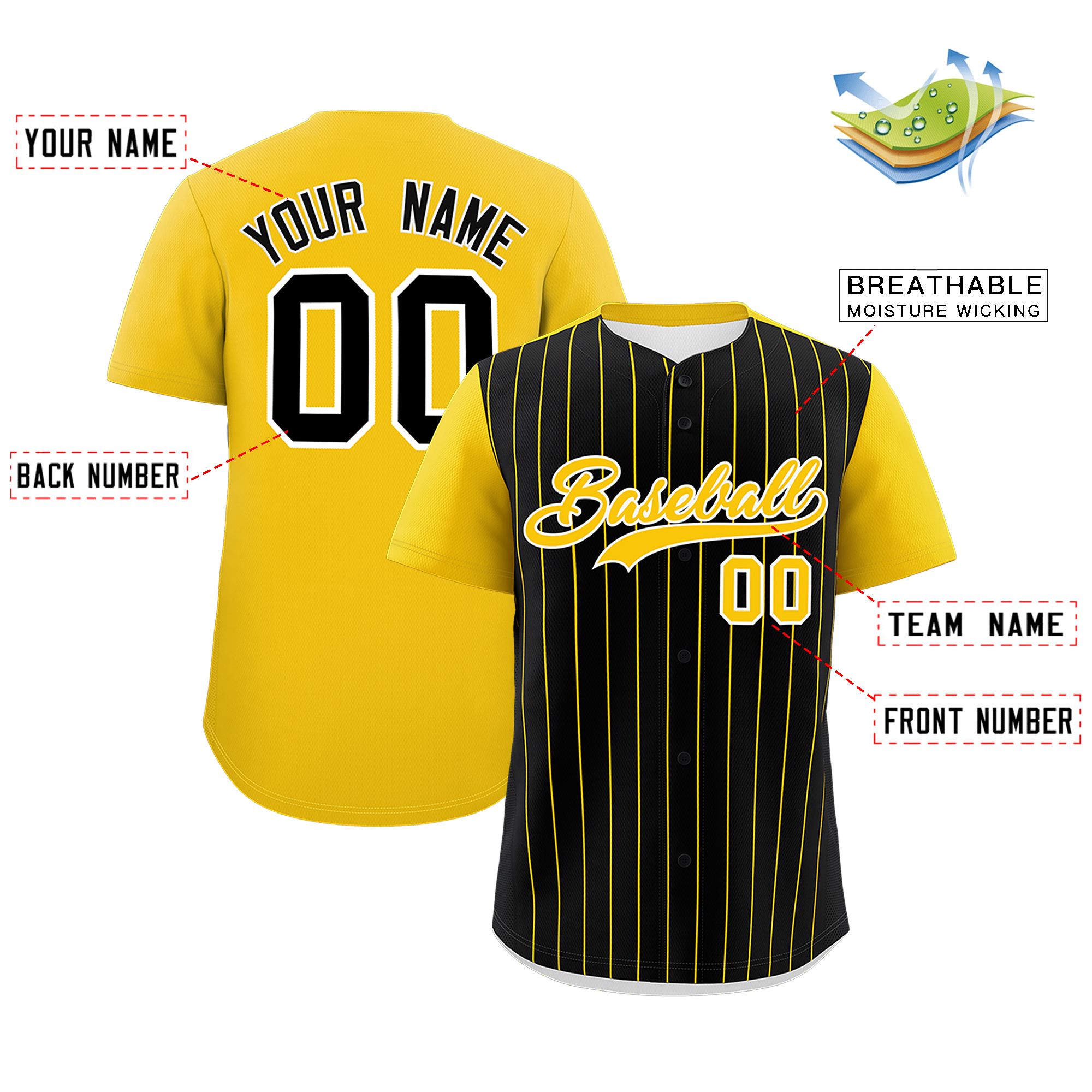 Custom Black Gold Pinstripe Personalized Two-Tone Authentic Baseball Jersey