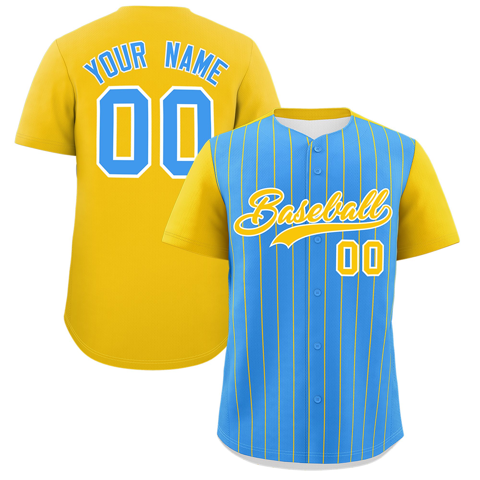 Custom Powder Blue Gold Pinstripe Personalized Two-Tone Authentic Baseball Jersey