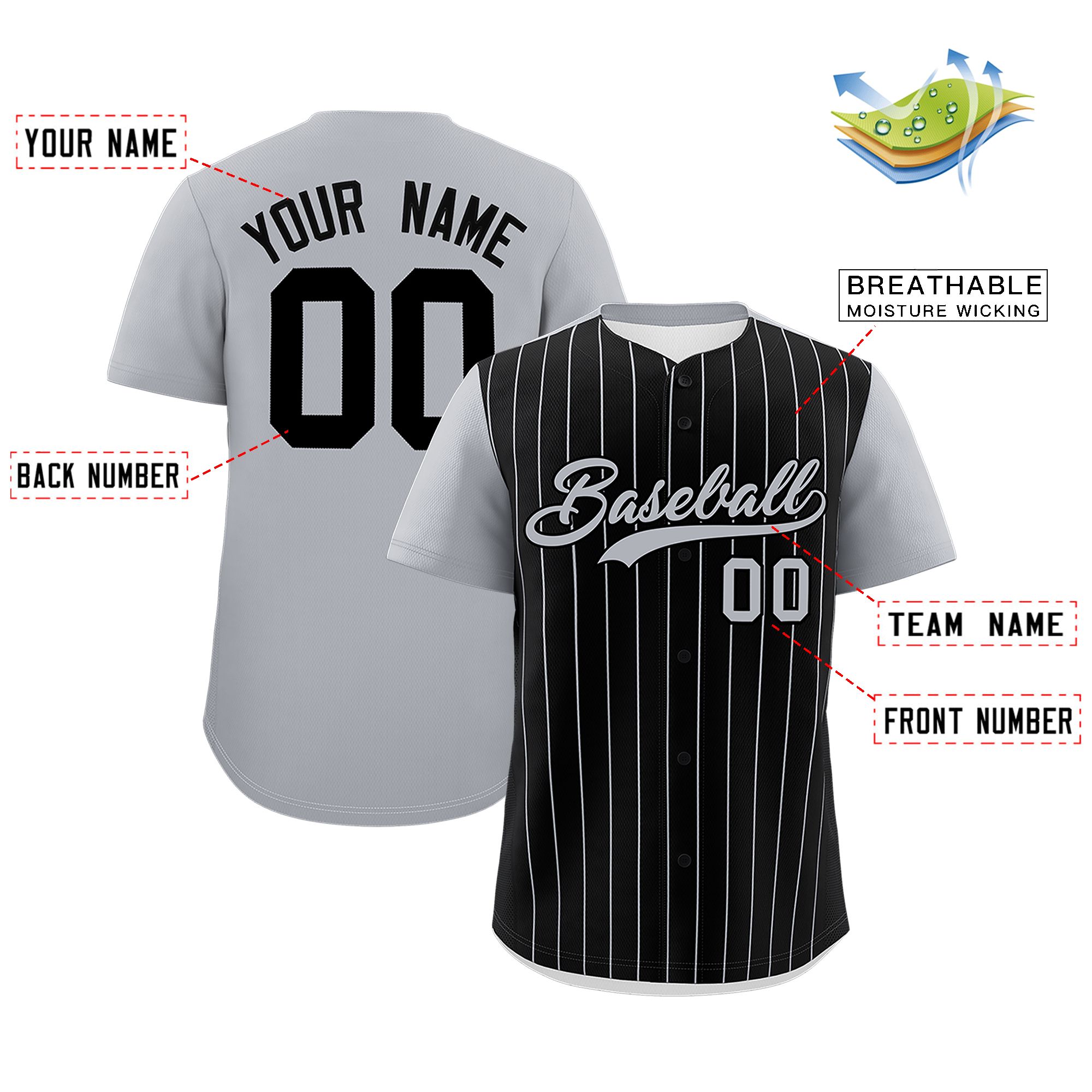 Custom Black Gray Pinstripe Personalized Two-Tone Authentic Baseball Jersey