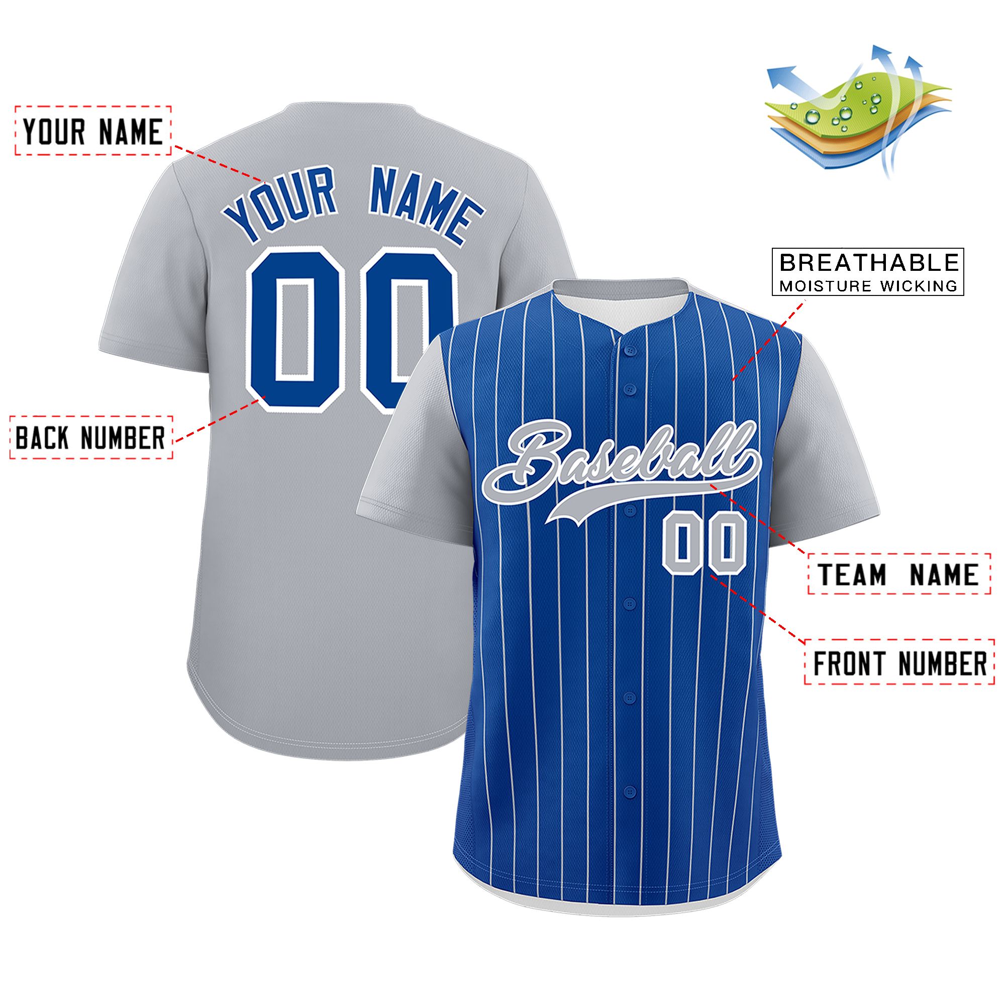 Custom Royal Gray Pinstripe Personalized Two-Tone Authentic Baseball Jersey