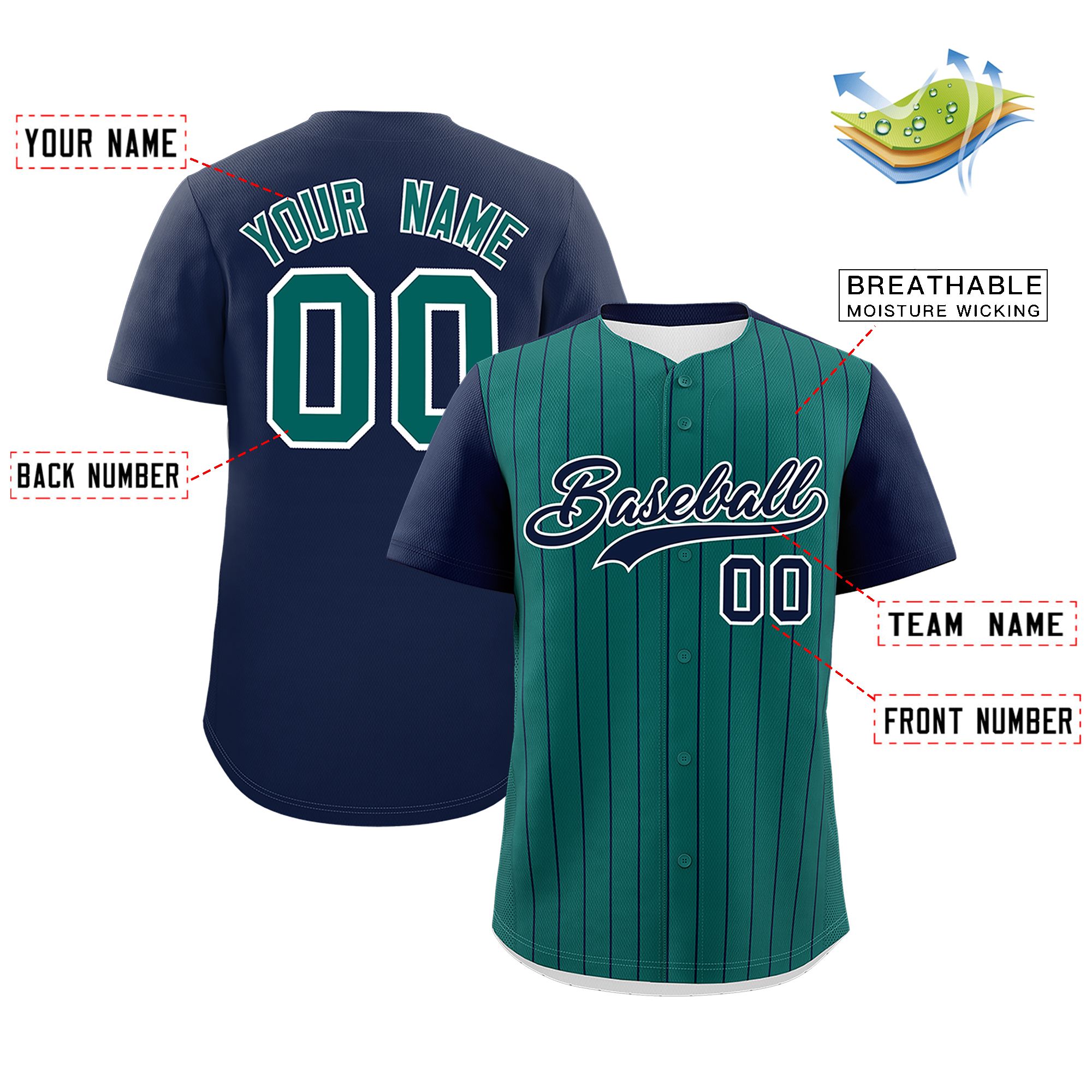 Custom Aqua Navy Pinstripe Personalized Two-Tone Authentic Baseball Jersey