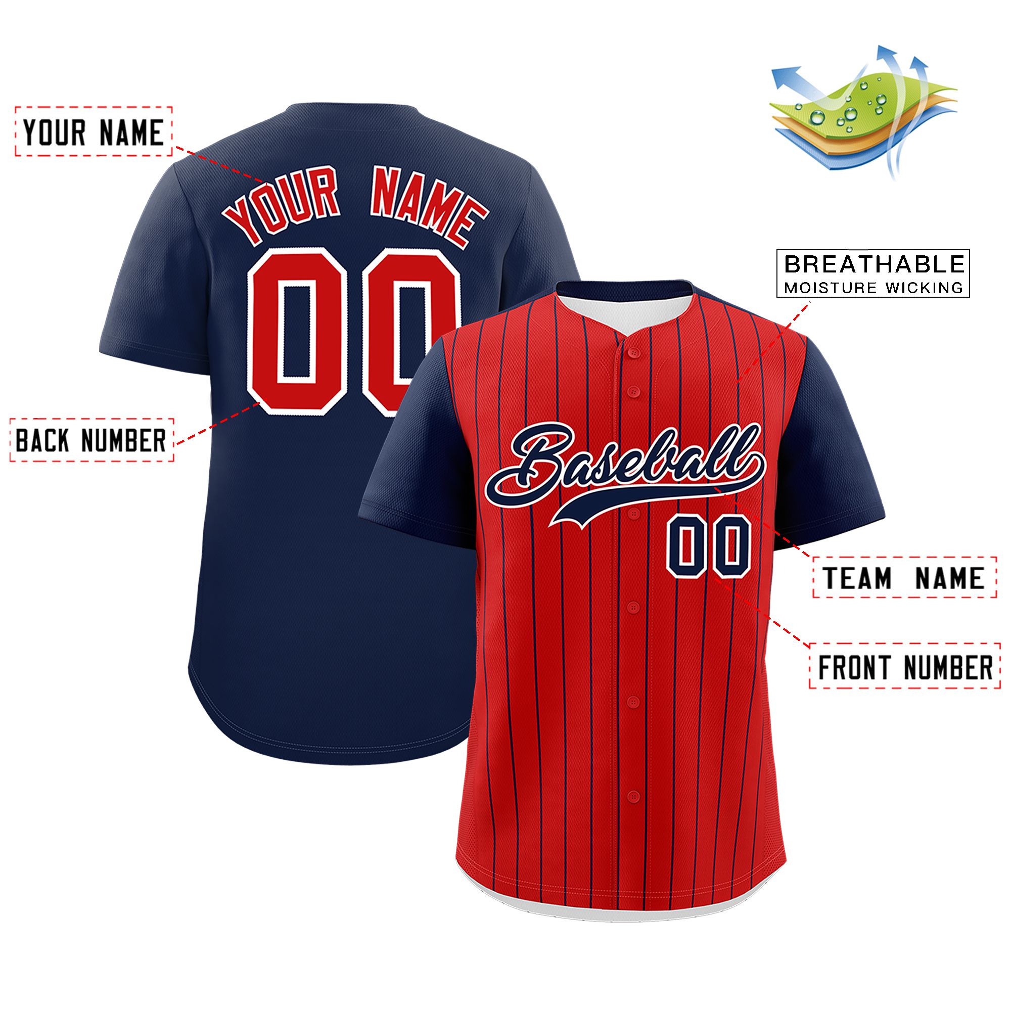 Custom Red Navy Pinstripe Personalized Two-Tone Authentic Baseball Jersey