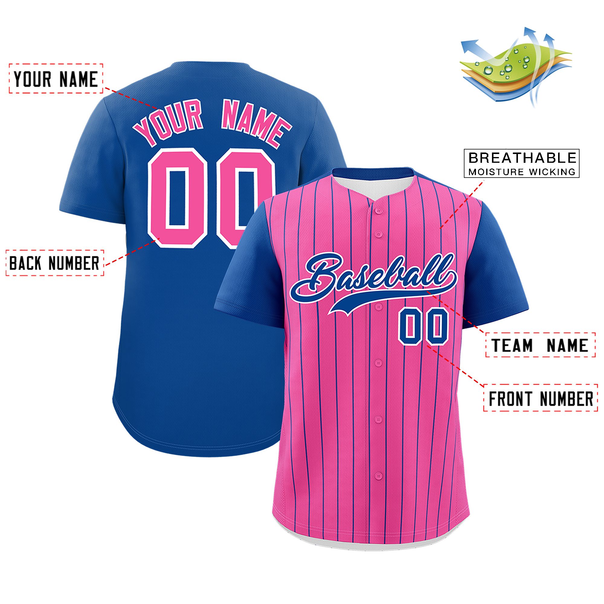 Custom Pink Royal Pinstripe Personalized Two-Tone Authentic Baseball Jersey