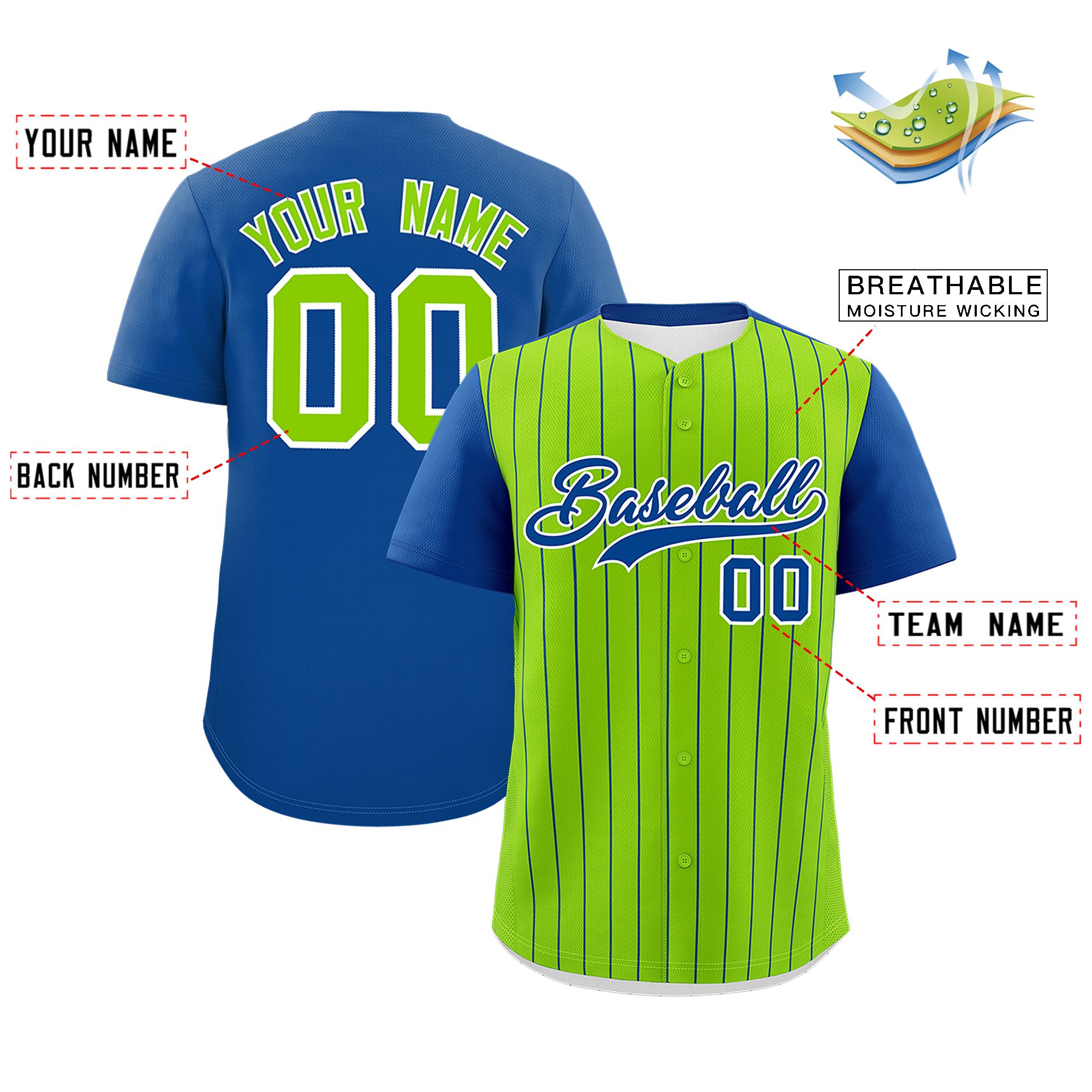 Custom Neon Green Royal Pinstripe Personalized Two-Tone Authentic Baseball Jersey