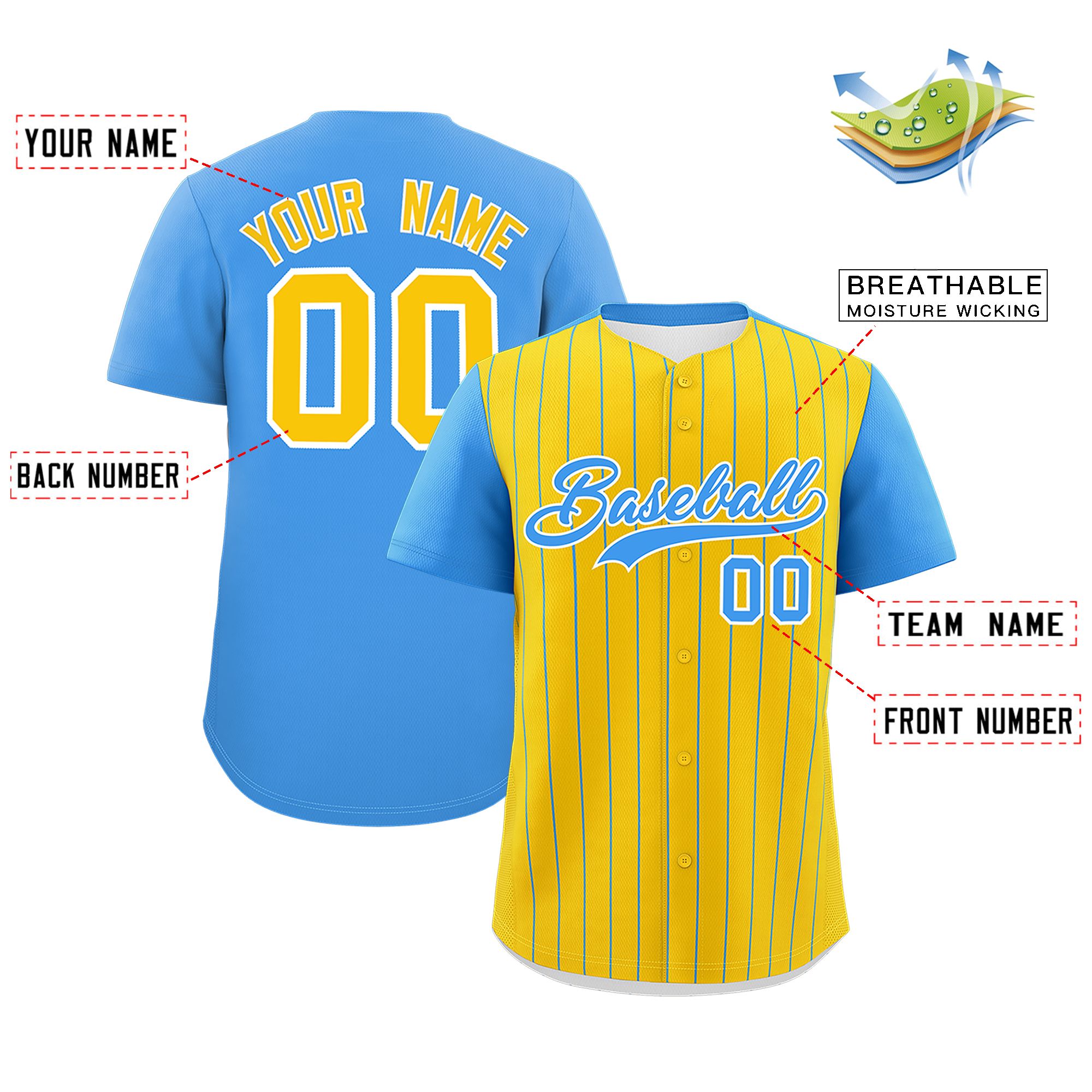 Custom Gold Powder Blue Pinstripe Personalized Two-Tone Authentic Baseball Jersey