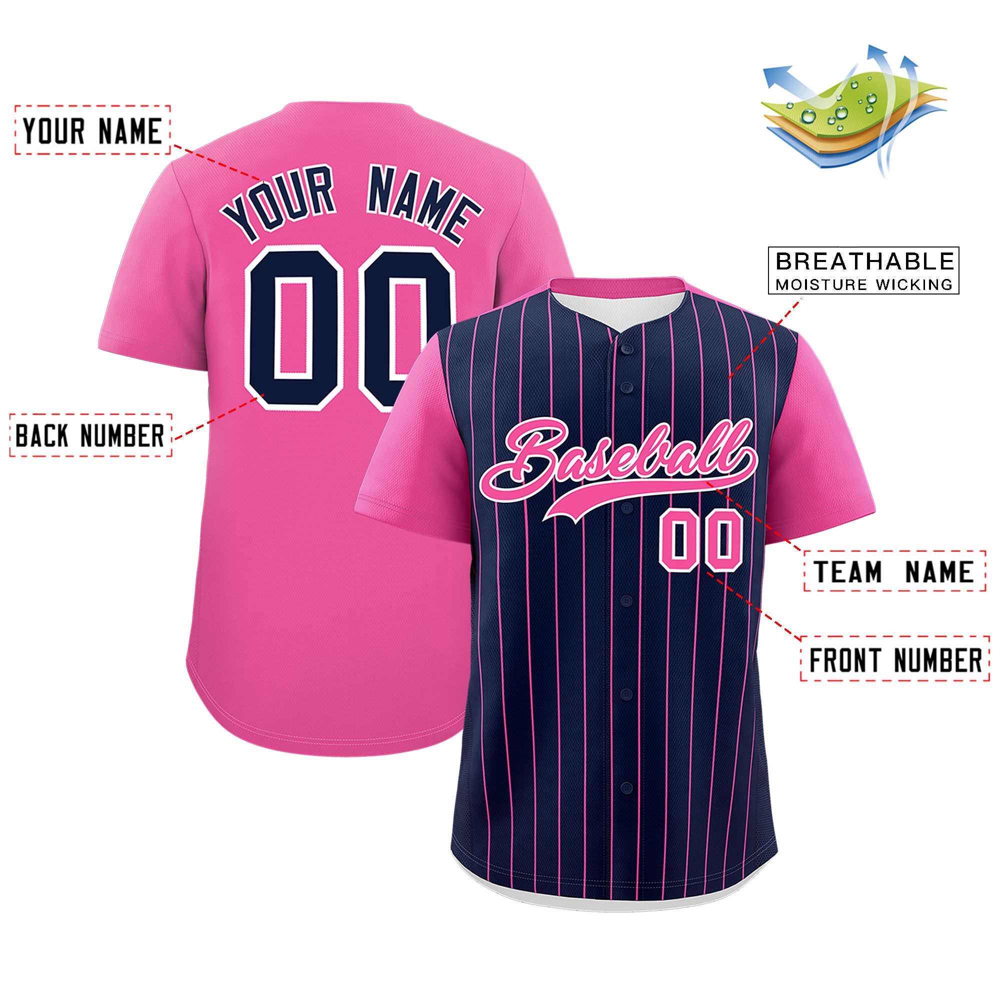 Custom Navy Pink Pinstripe Personalized Two-Tone Authentic Baseball Jersey