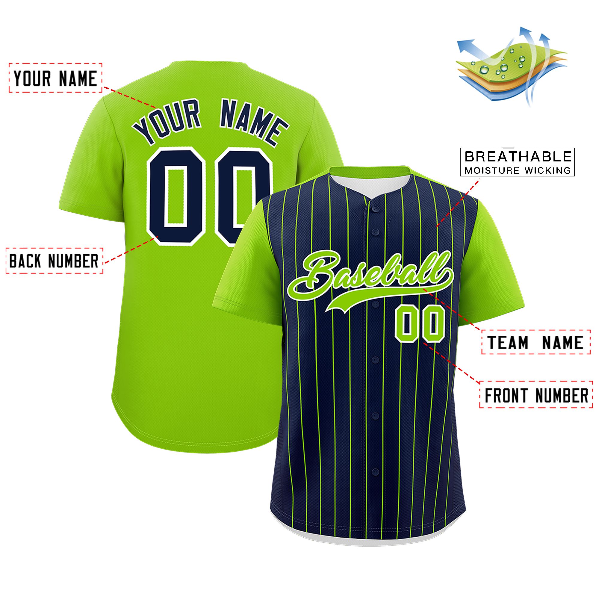 Custom Navy Neon Green Pinstripe Personalized Two-Tone Authentic Baseball Jersey