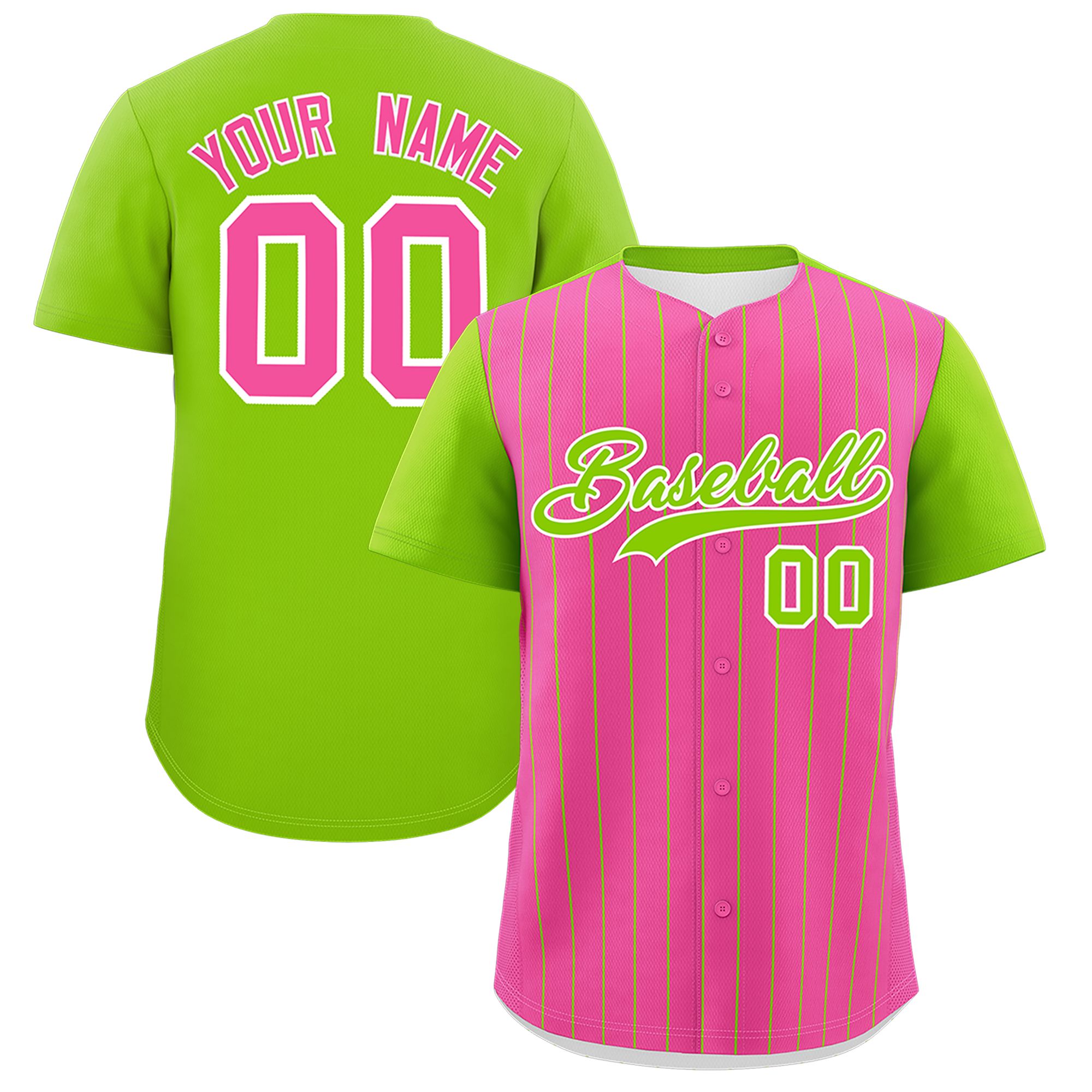 Custom Pink Neon Green Pinstripe Personalized Two-Tone Authentic Baseball Jersey