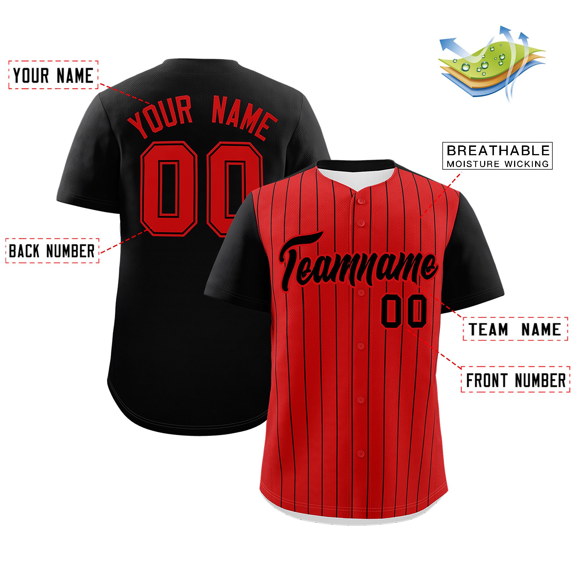 Custom Red Black Pinstripe Personalized Two-Tone Authentic Baseball Jersey