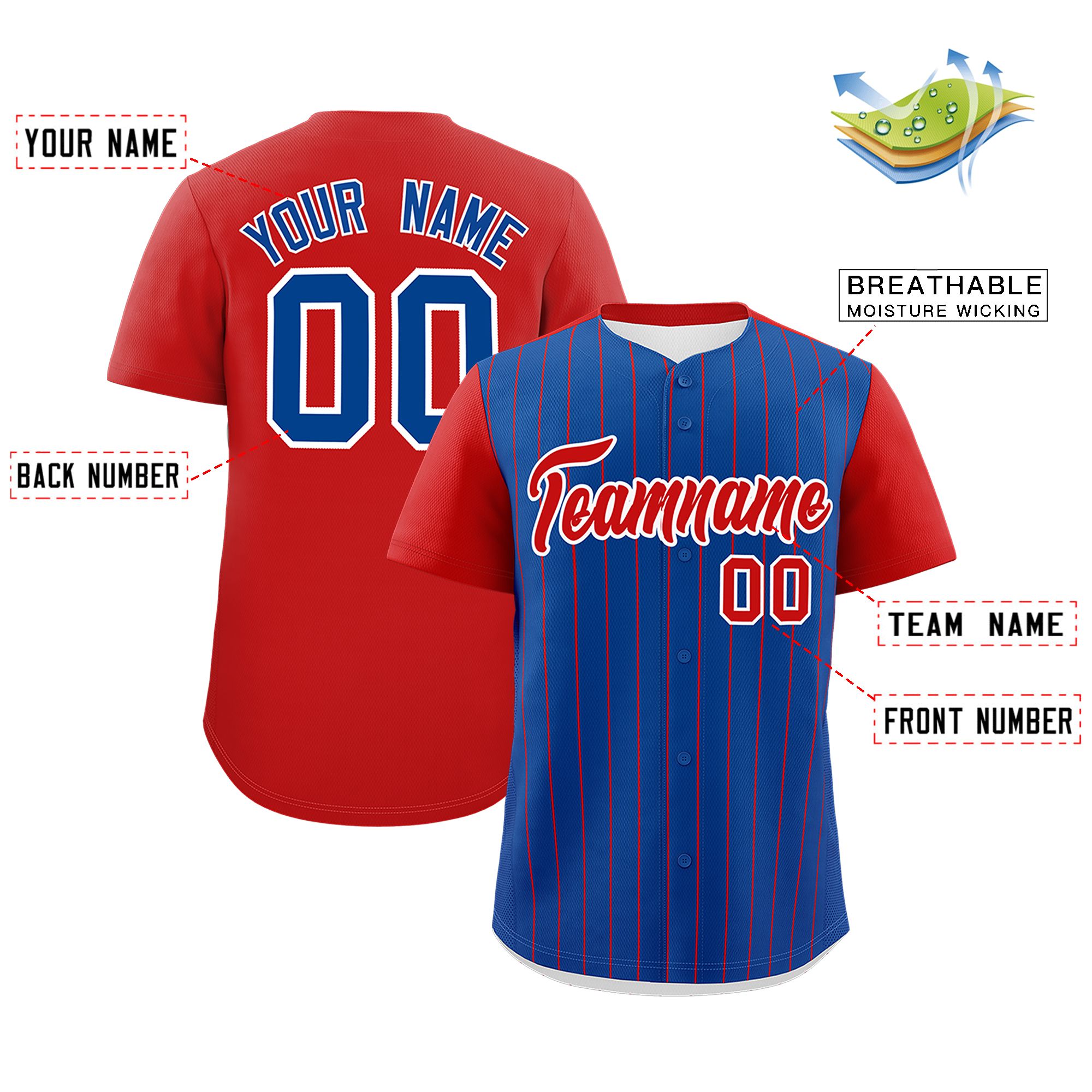 Custom Royal Red Pinstripe Personalized Two-Tone Authentic Baseball Jersey