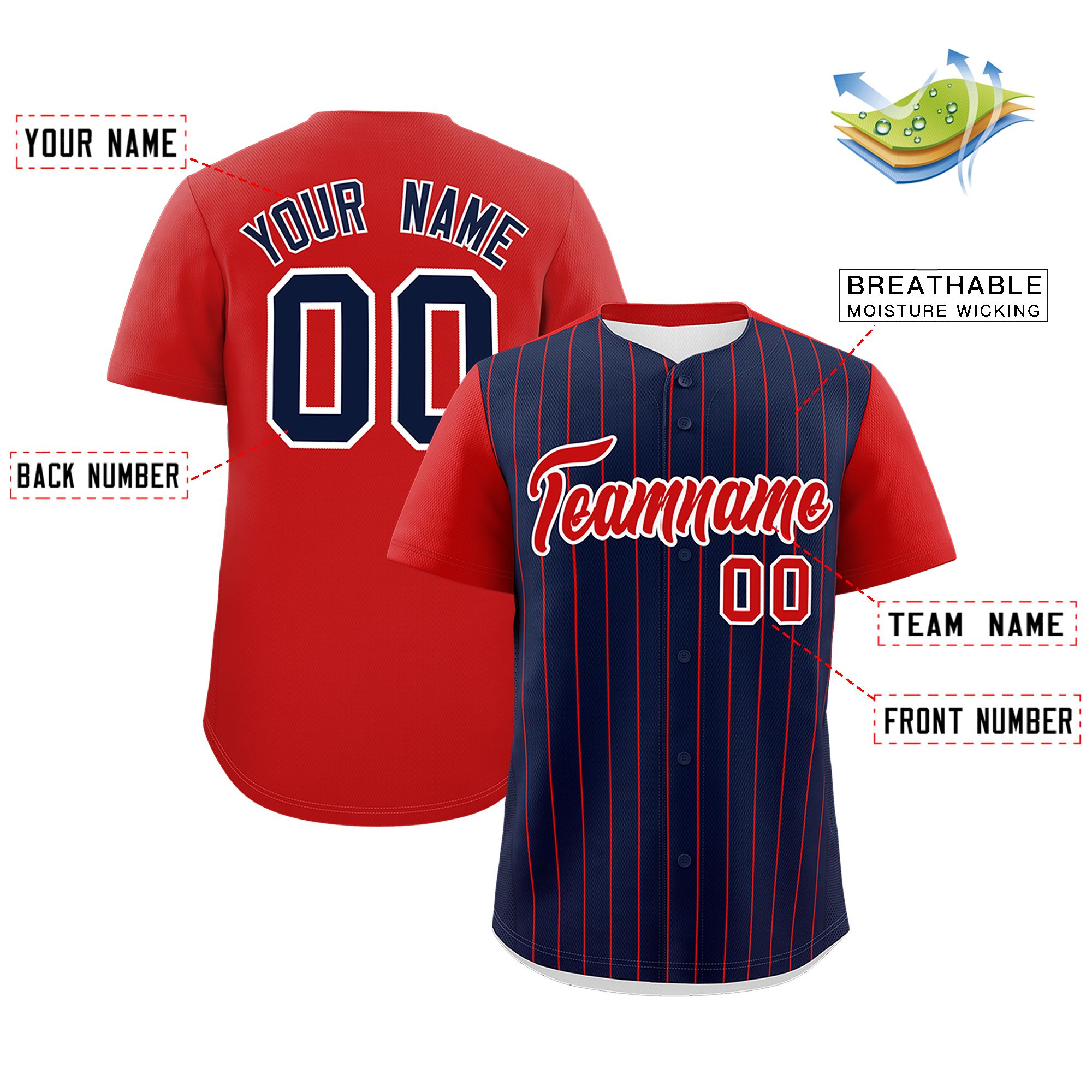 Custom Navy Red Pinstripe Personalized Two-Tone Authentic Baseball Jersey