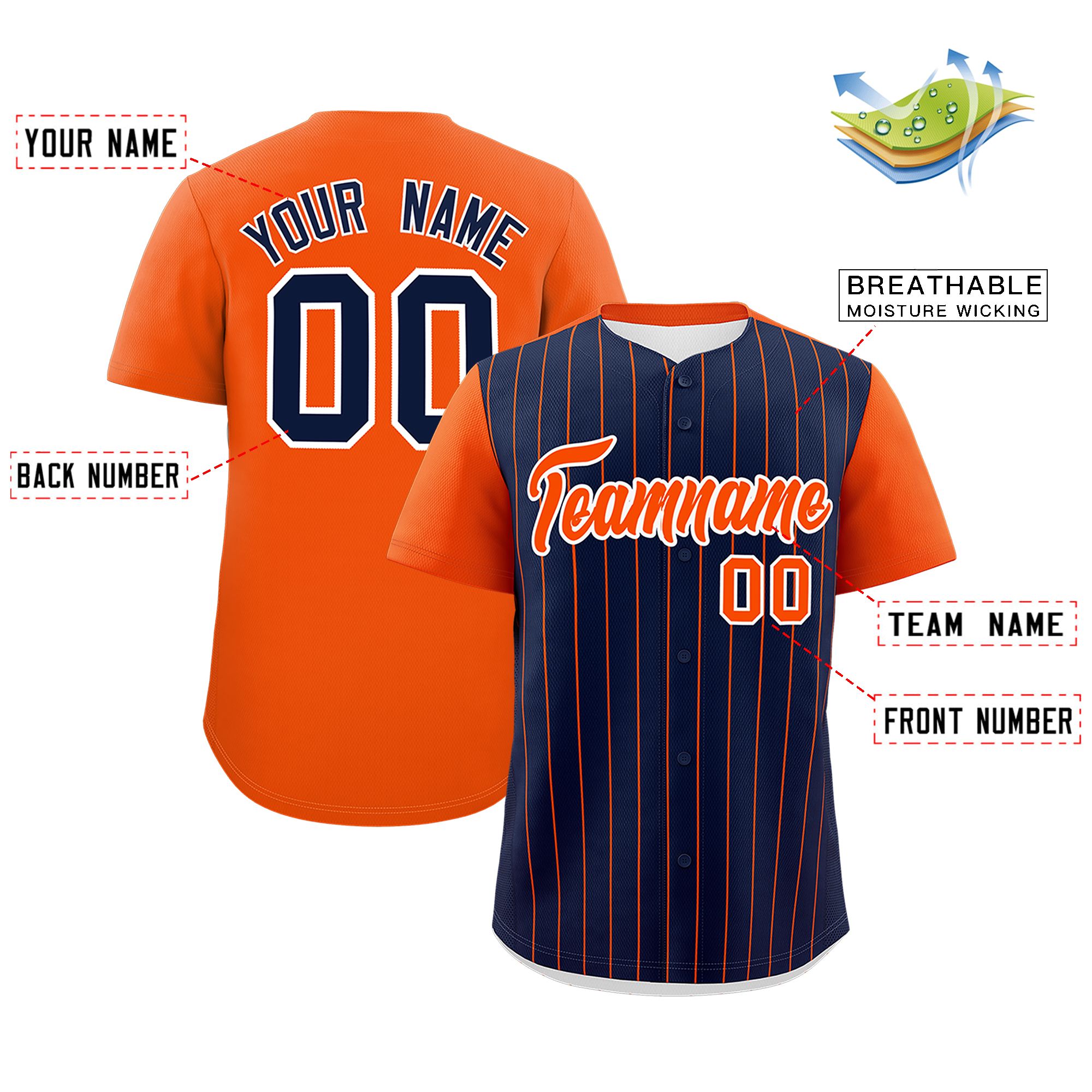 Custom Navy Orange Pinstripe Personalized Two-Tone Authentic Baseball Jersey