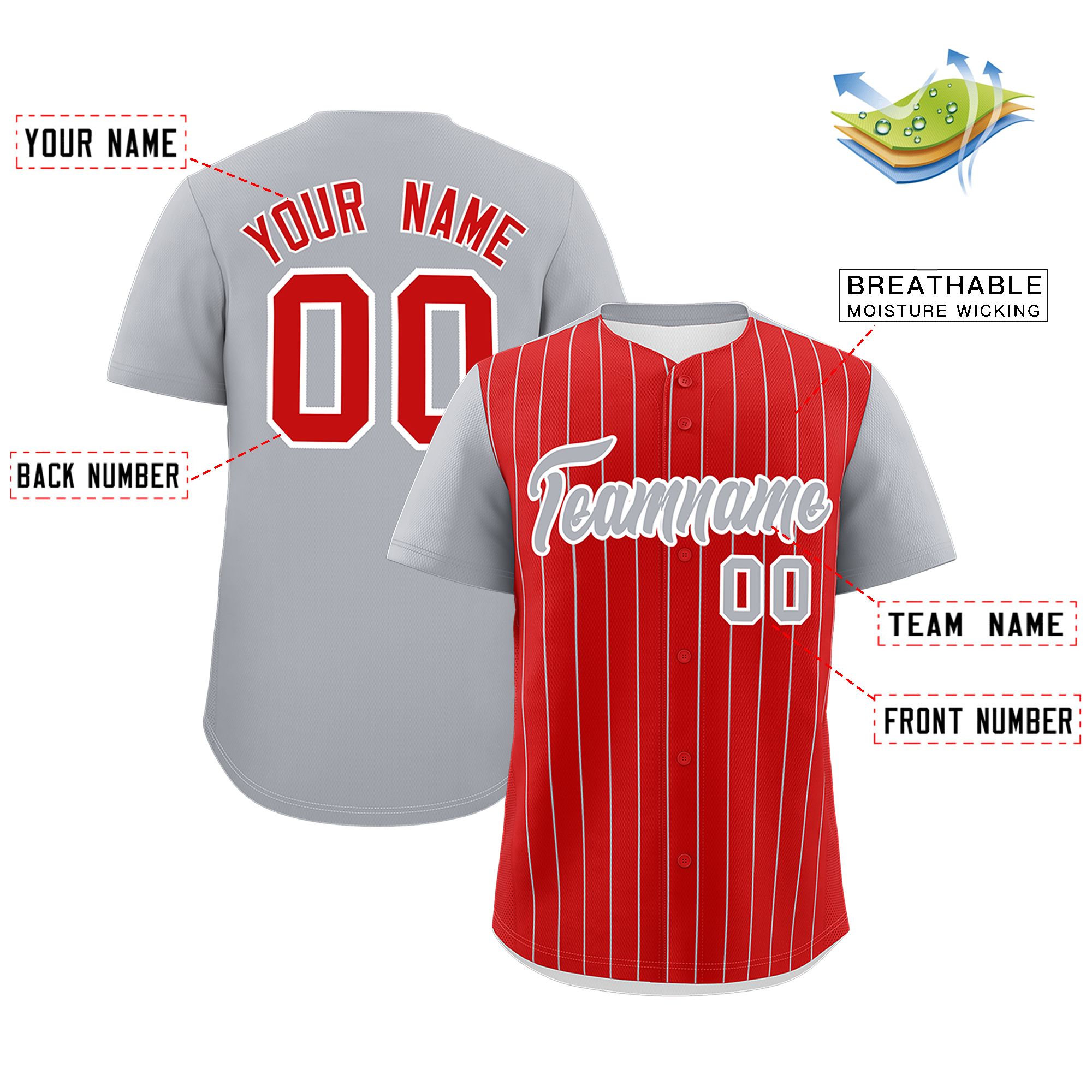 Custom Red Gray Pinstripe Personalized Two-Tone Authentic Baseball Jersey