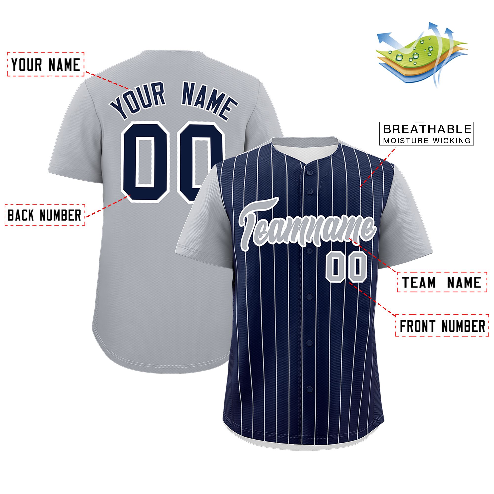 Custom Navy Gray Pinstripe Personalized Two-Tone Authentic Baseball Jersey