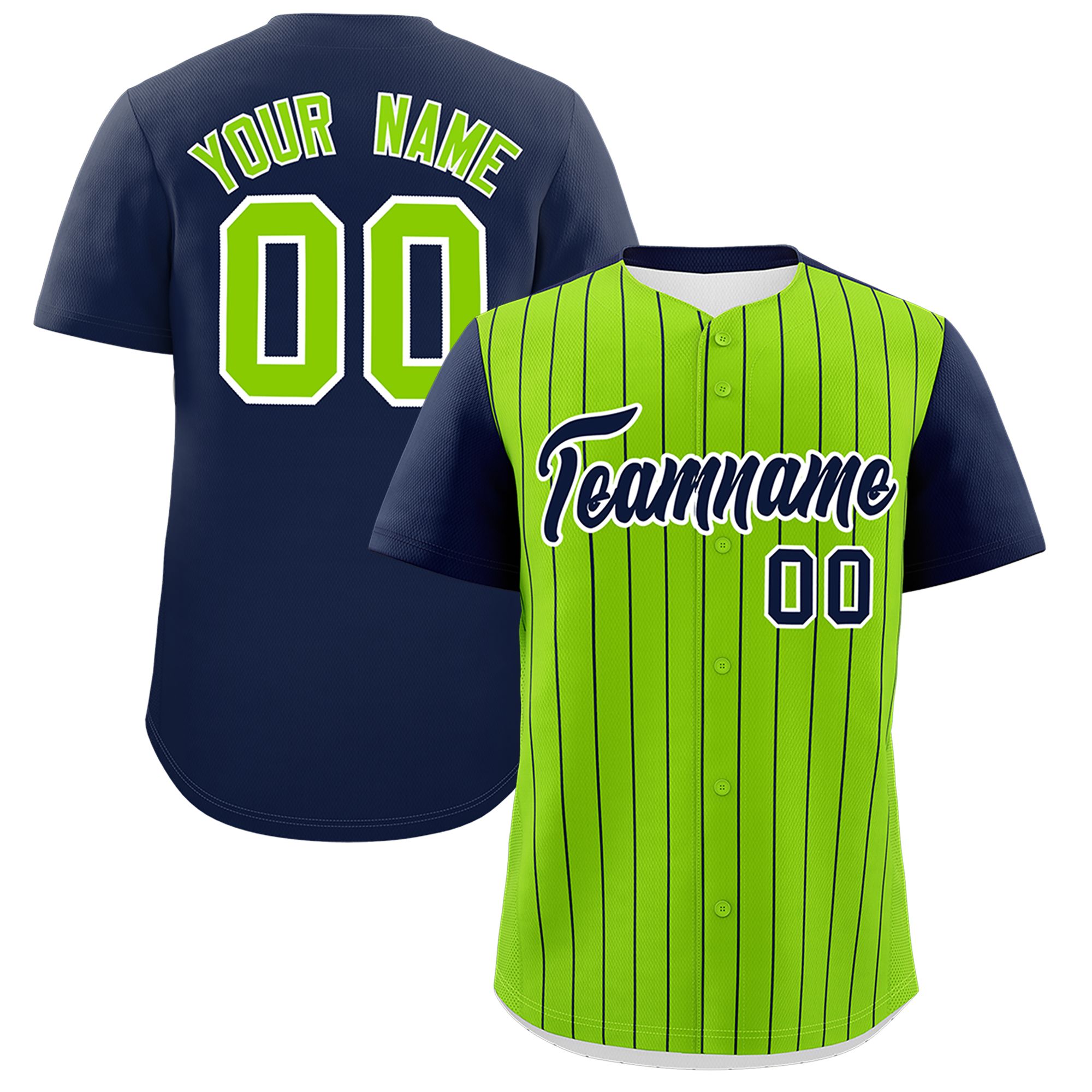 Custom Neon Green Navy Pinstripe Personalized Two-Tone Authentic Baseball Jersey