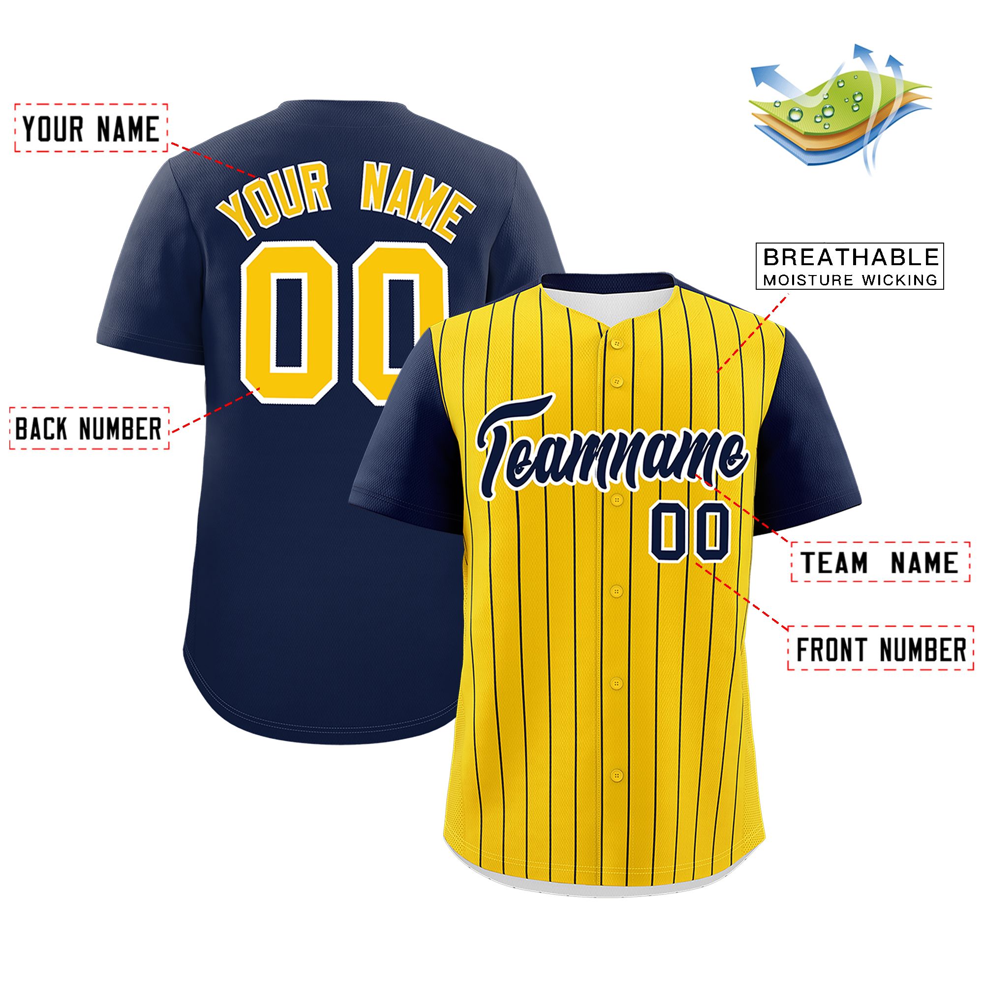 Custom Gold Navy Pinstripe Personalized Two-Tone Authentic Baseball Jersey