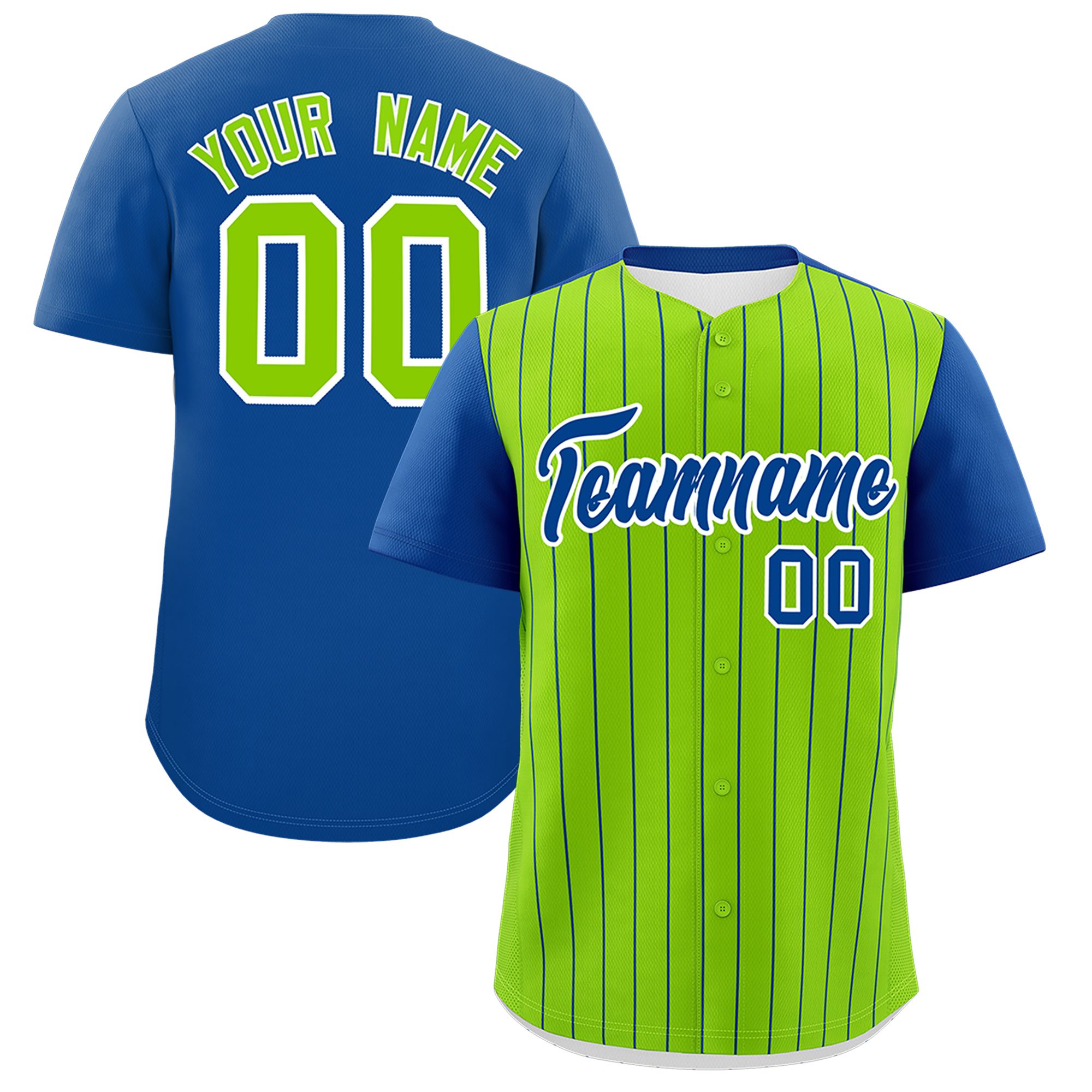 Custom Neon Green Royal Pinstripe Personalized Two-Tone Authentic Baseball Jersey