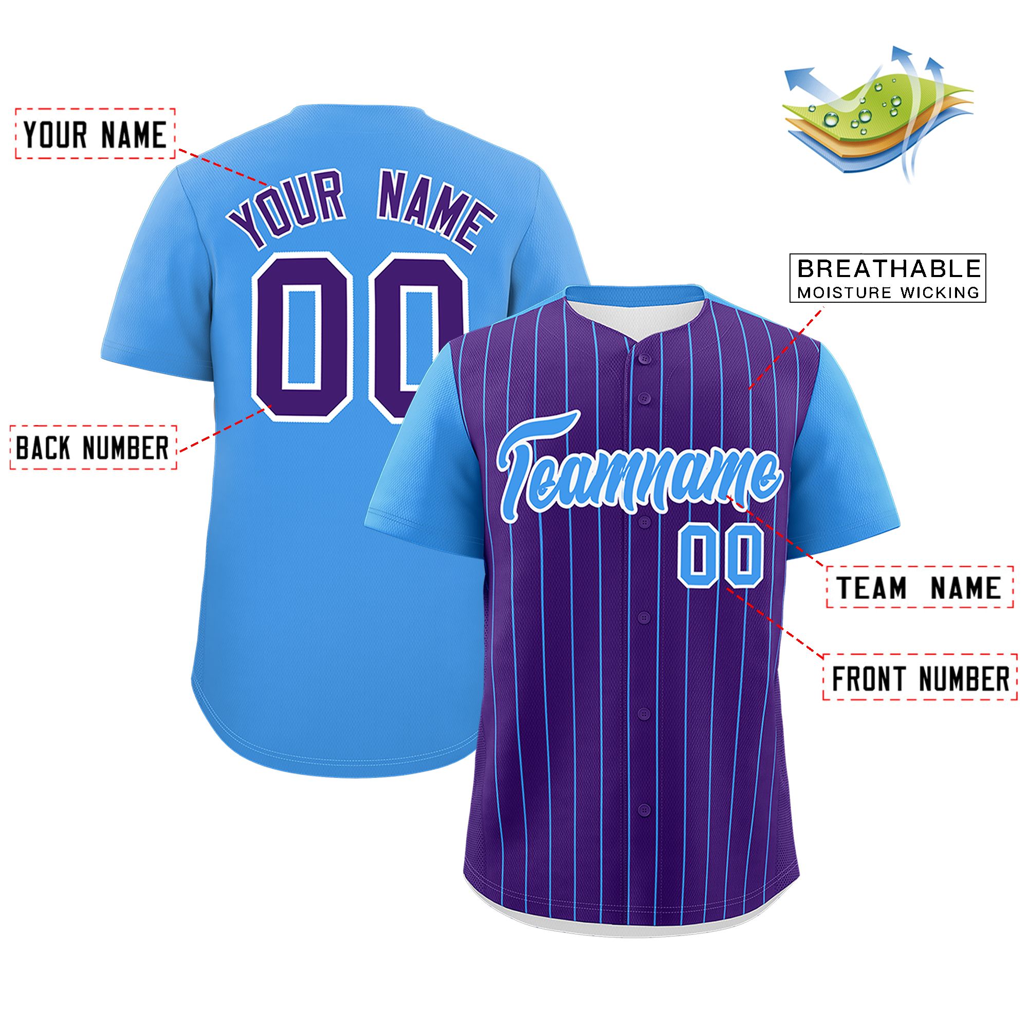 Custom Purple Powder Blue Pinstripe Personalized Two-Tone Authentic Baseball Jersey