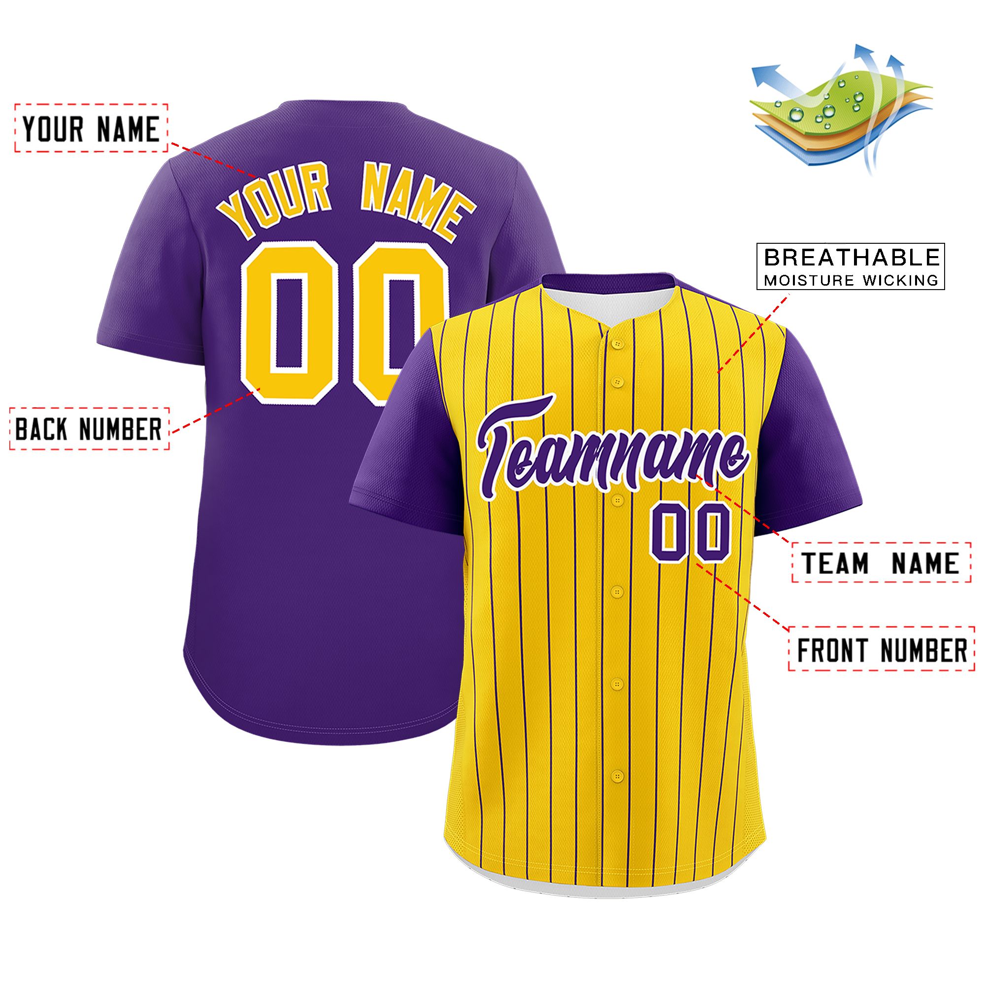 Custom Gold Purple Pinstripe Personalized Two-Tone Authentic Baseball Jersey