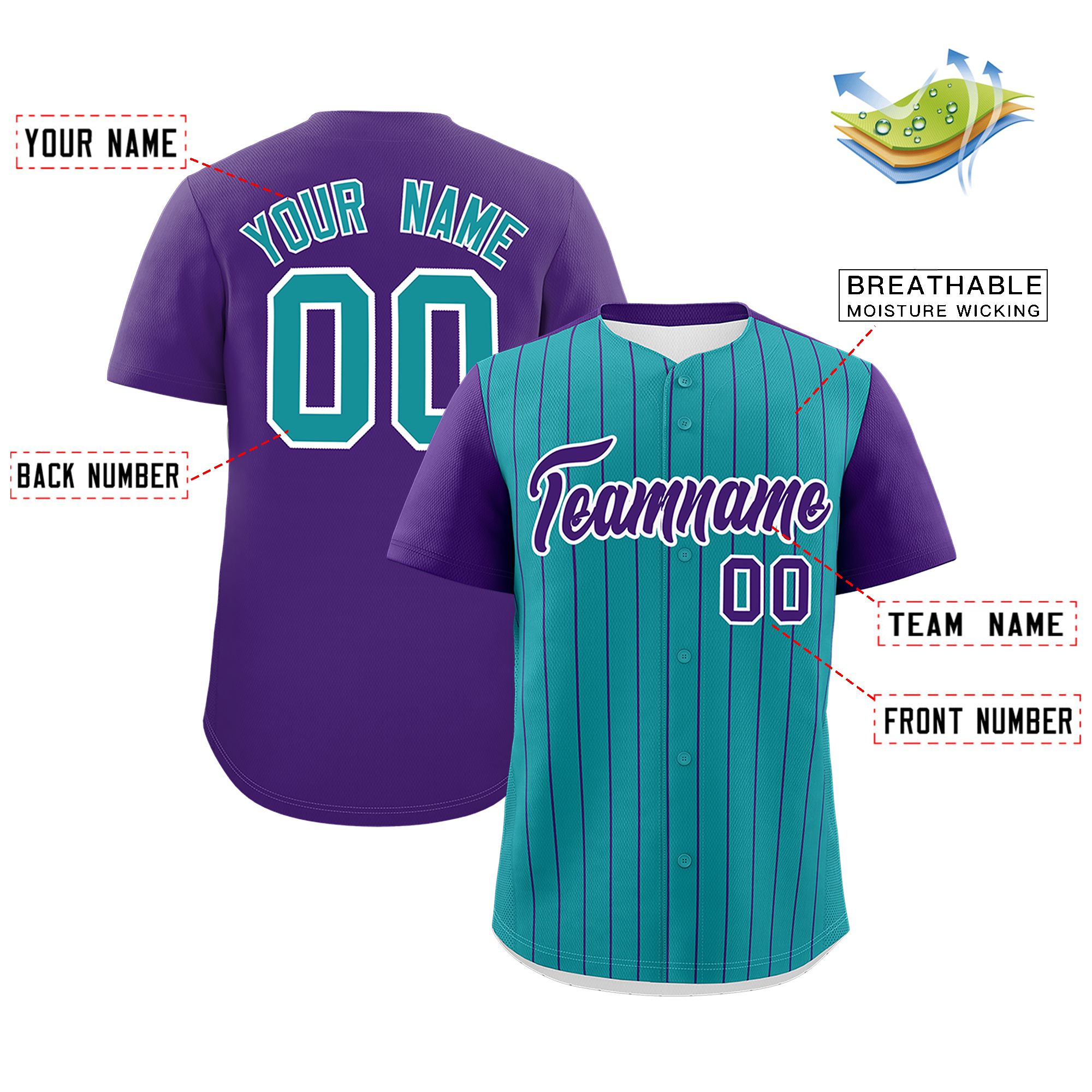 Custom Teal Purple Pinstripe Personalized Two-Tone Authentic Baseball Jersey