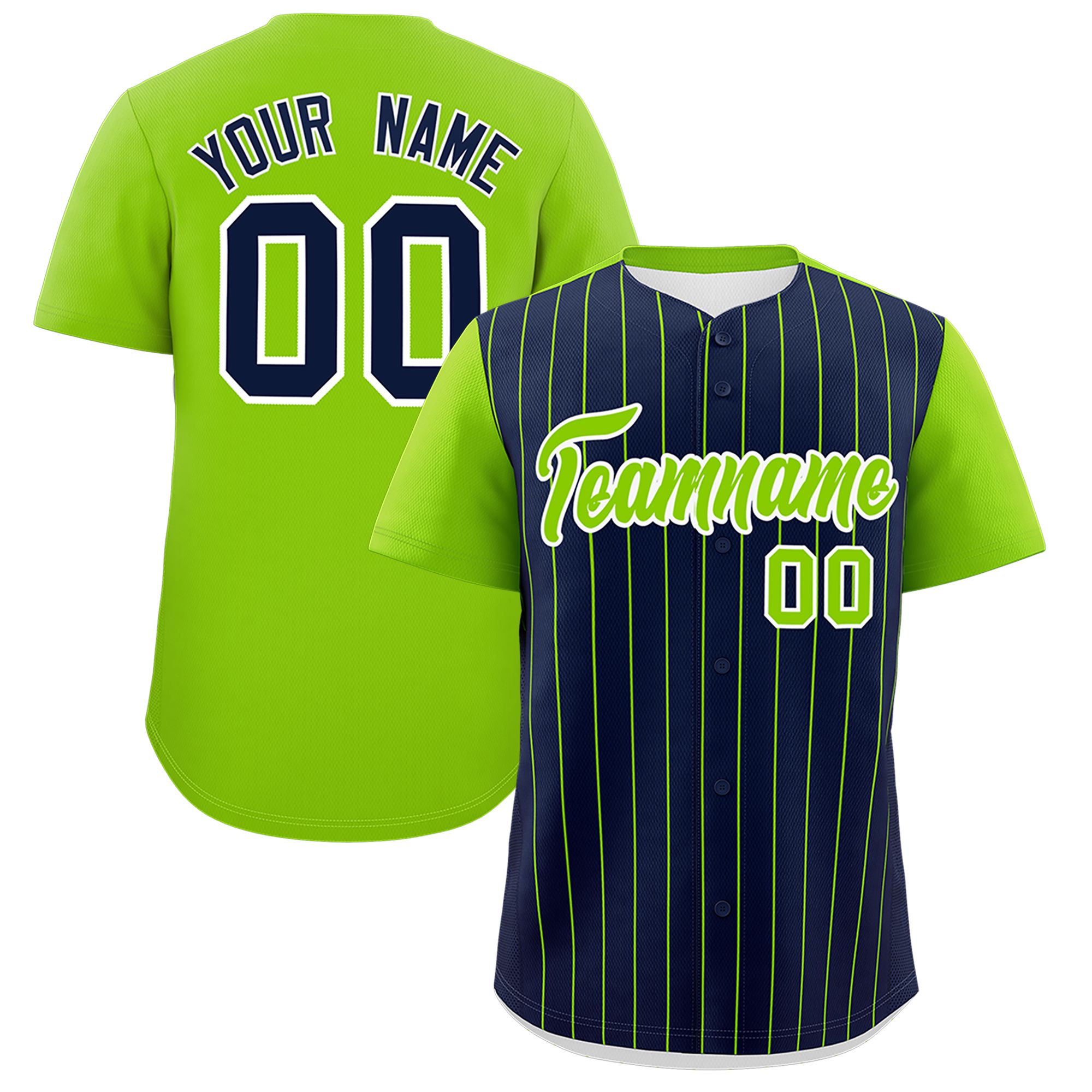 Custom Navy Neon Green Pinstripe Personalized Two-Tone Authentic Baseball Jersey