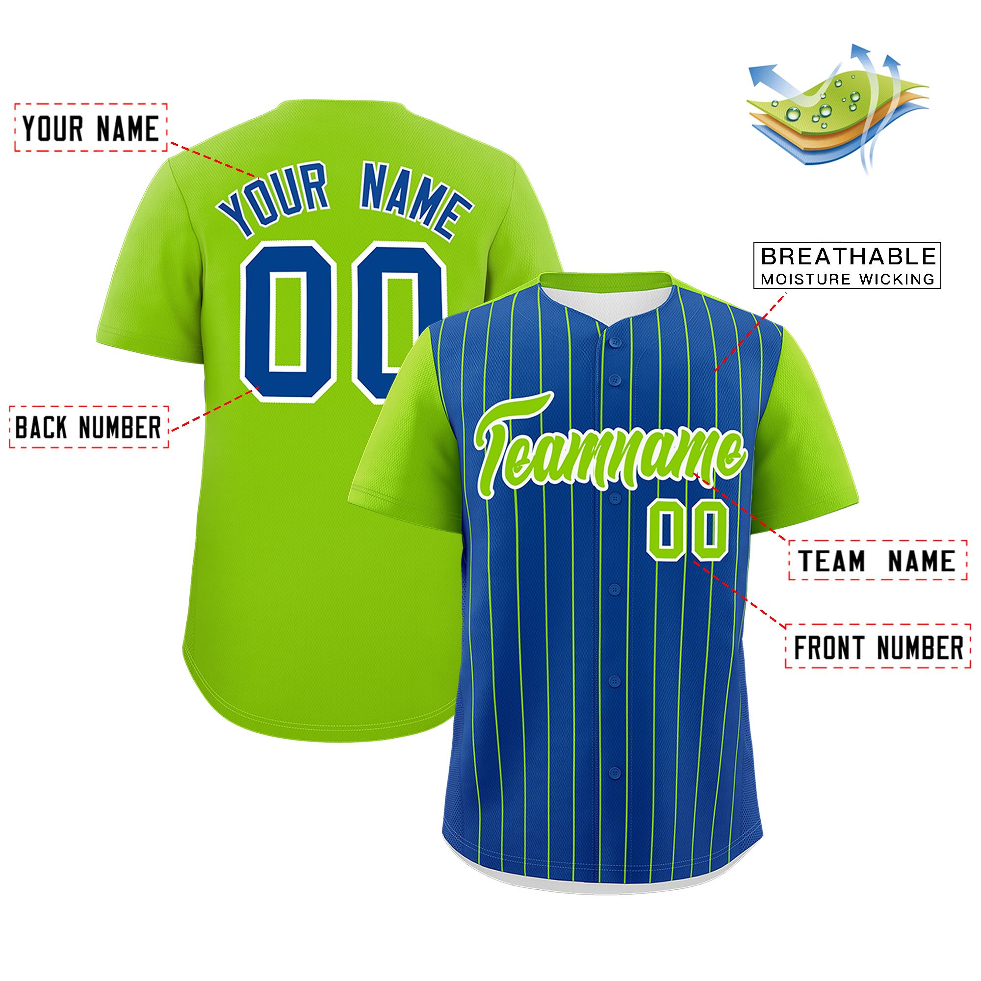 Custom Royal Neon Green Pinstripe Personalized Two-Tone Authentic Baseball Jersey